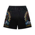 Black shorts with colorful text design on a white background
