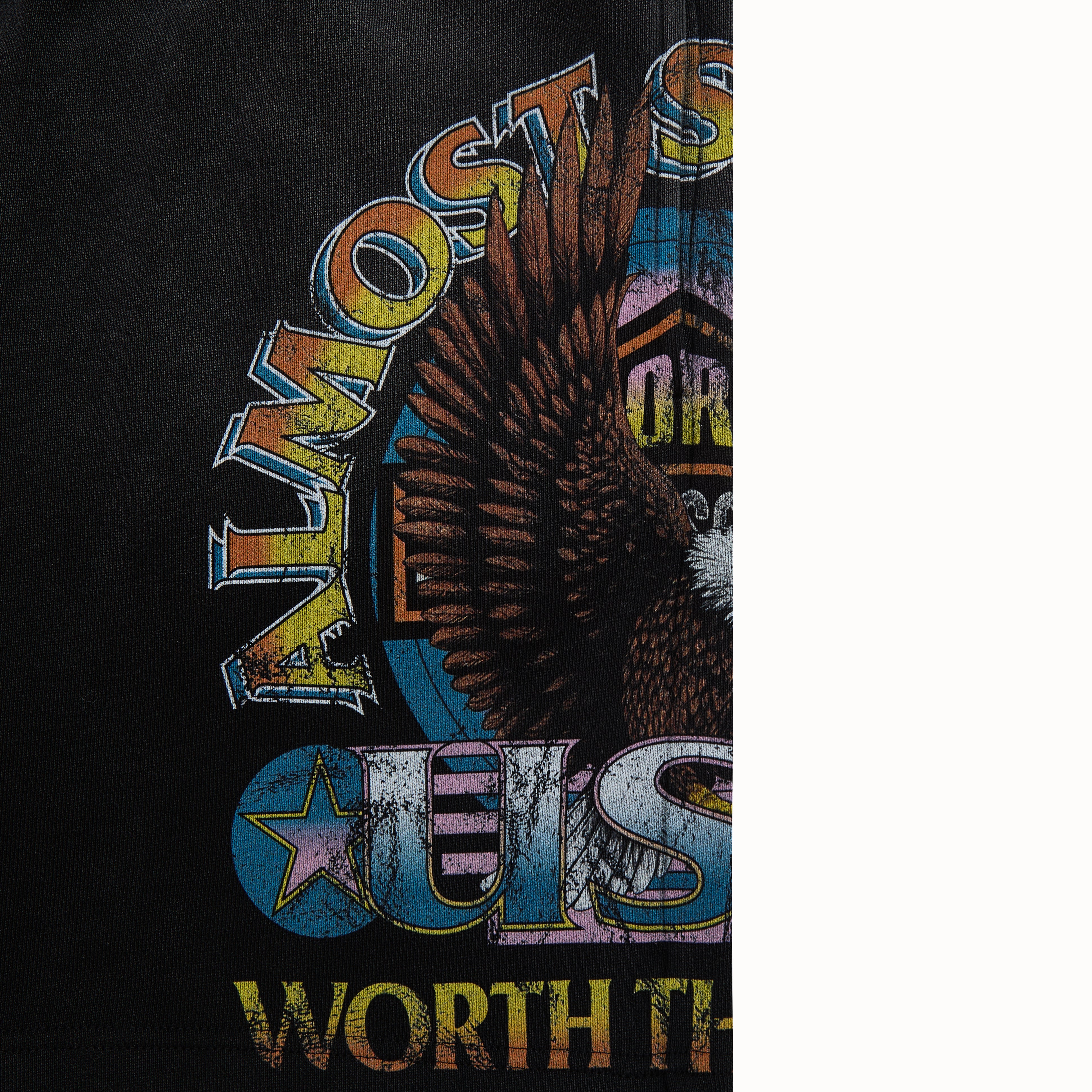Black sweatshorts with colorful eagle graphic and text on a white background