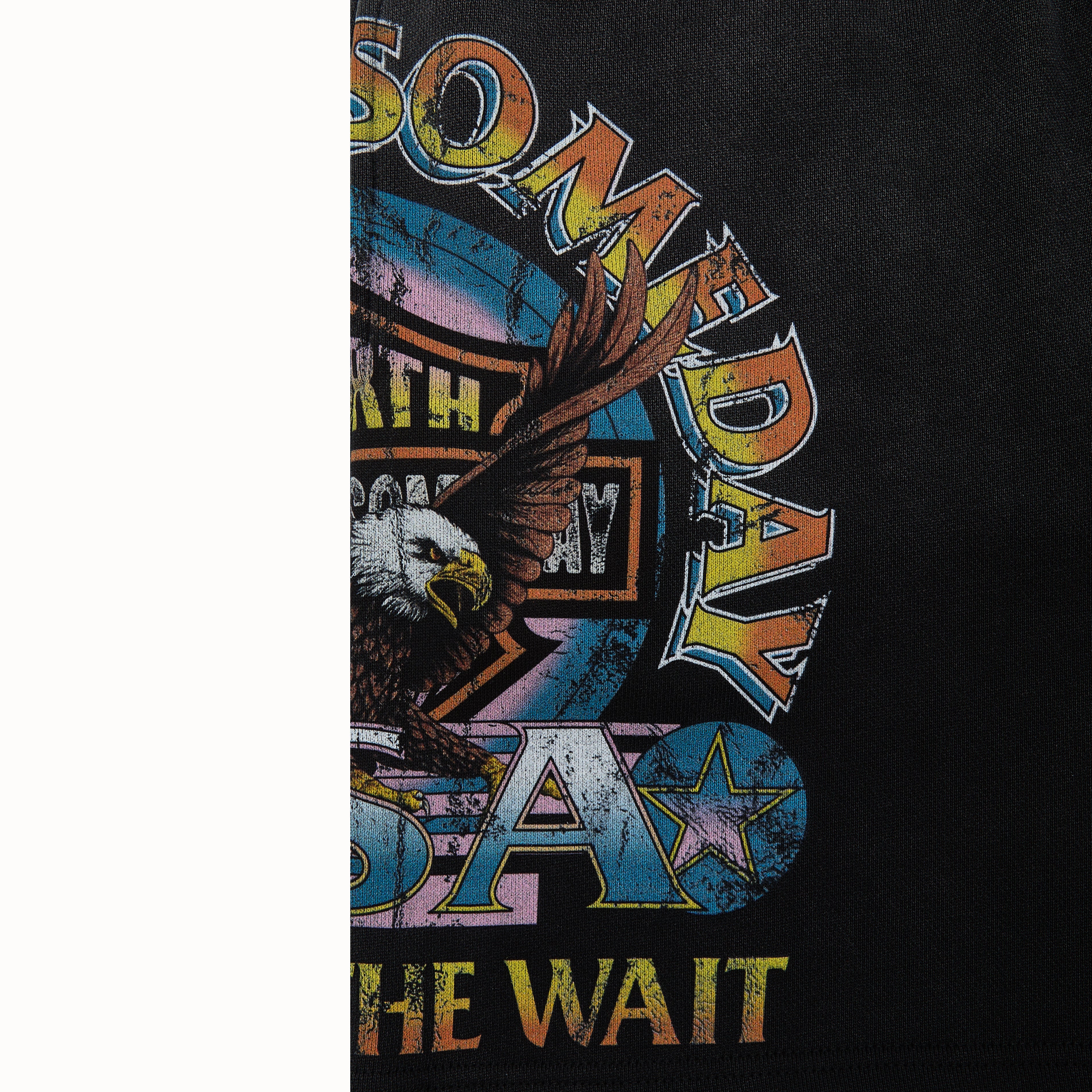 Black sweatshorts with colorful graphic design featuring an eagle and text on a white background