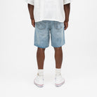 ALMOST SOMEDAY Letterman Denim Jort in Blue Wash, back view showing 5-pocket construction and subtle distressing