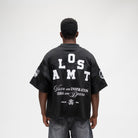 ALMOST SOMEDAY Letterman Jersey Top in Black, back view with Almost block letter appliqué and Vision and Inspiration Ideas and Dreams script
