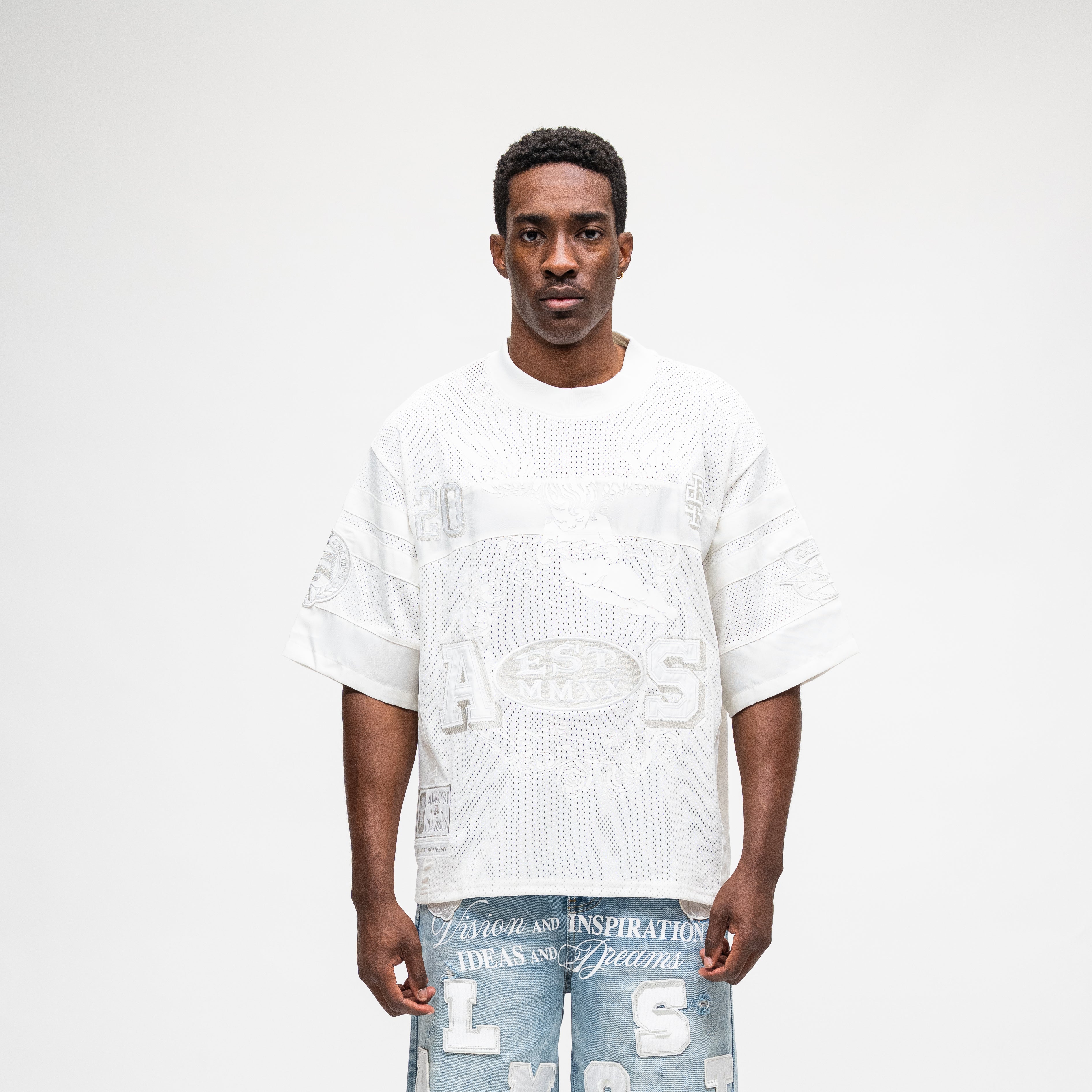 ALMOST SOMEDAY Letterman Jersey Top in Cream, front view showing tonal mesh construction and block letter appliqué branding
