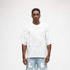 ALMOST SOMEDAY Letterman Jersey Top in Cream, front view showing tonal mesh construction and block letter appliqué branding