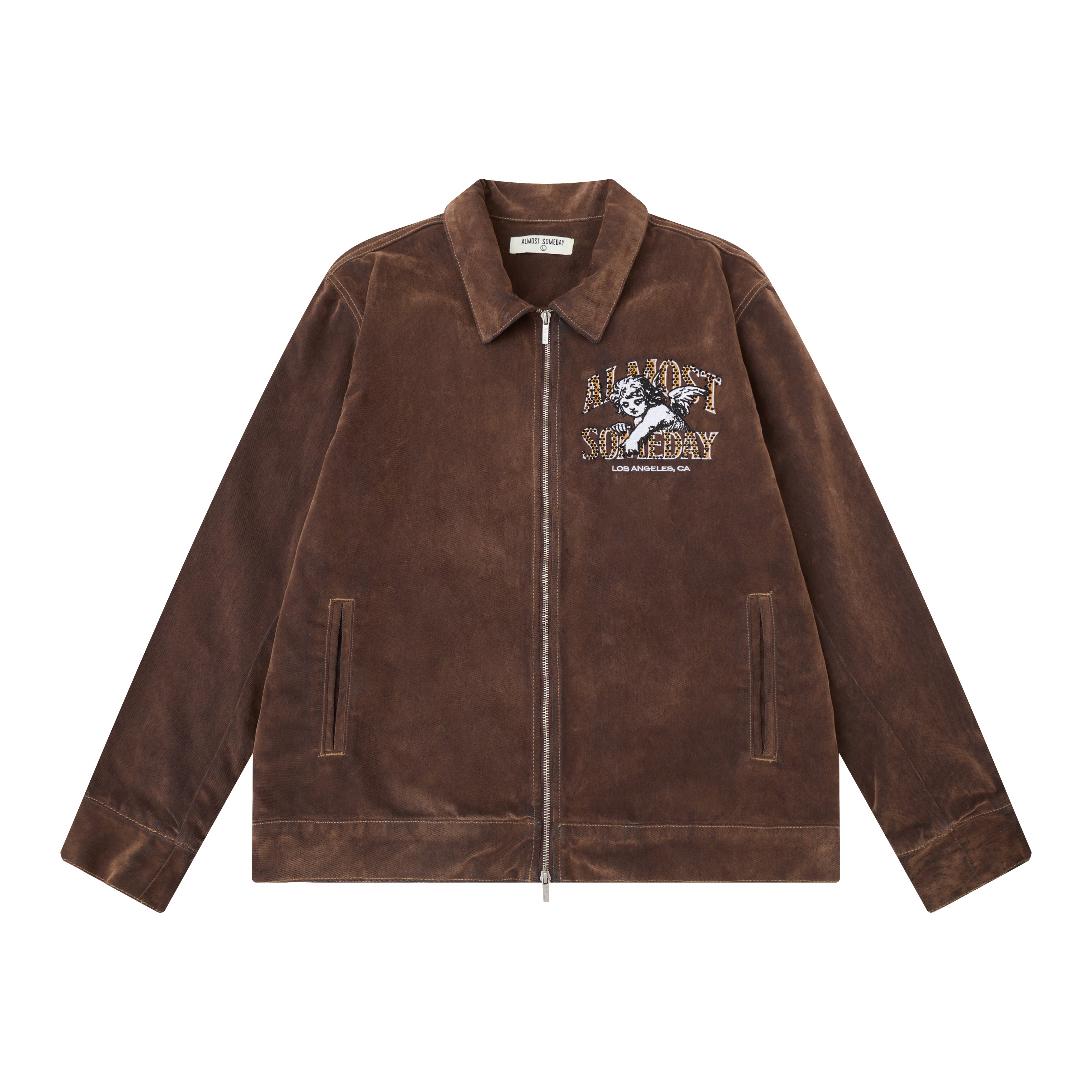 Brown jacket with a logo on a white background