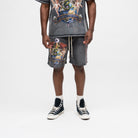 ALMOST SOMEDAY Motley Terry Shorts in Black, front view