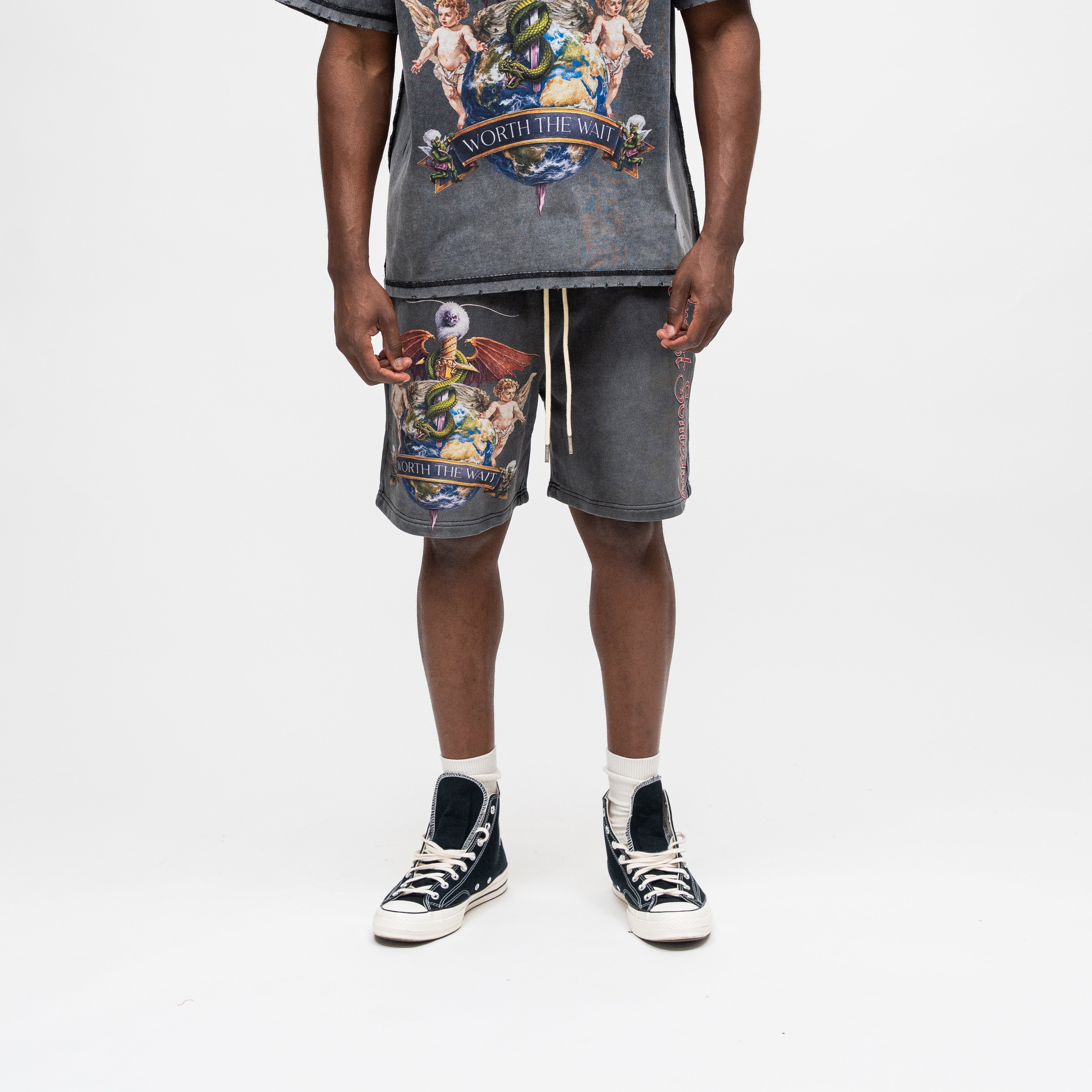 ALMOST SOMEDAY Motley Terry Shorts in Black, front view