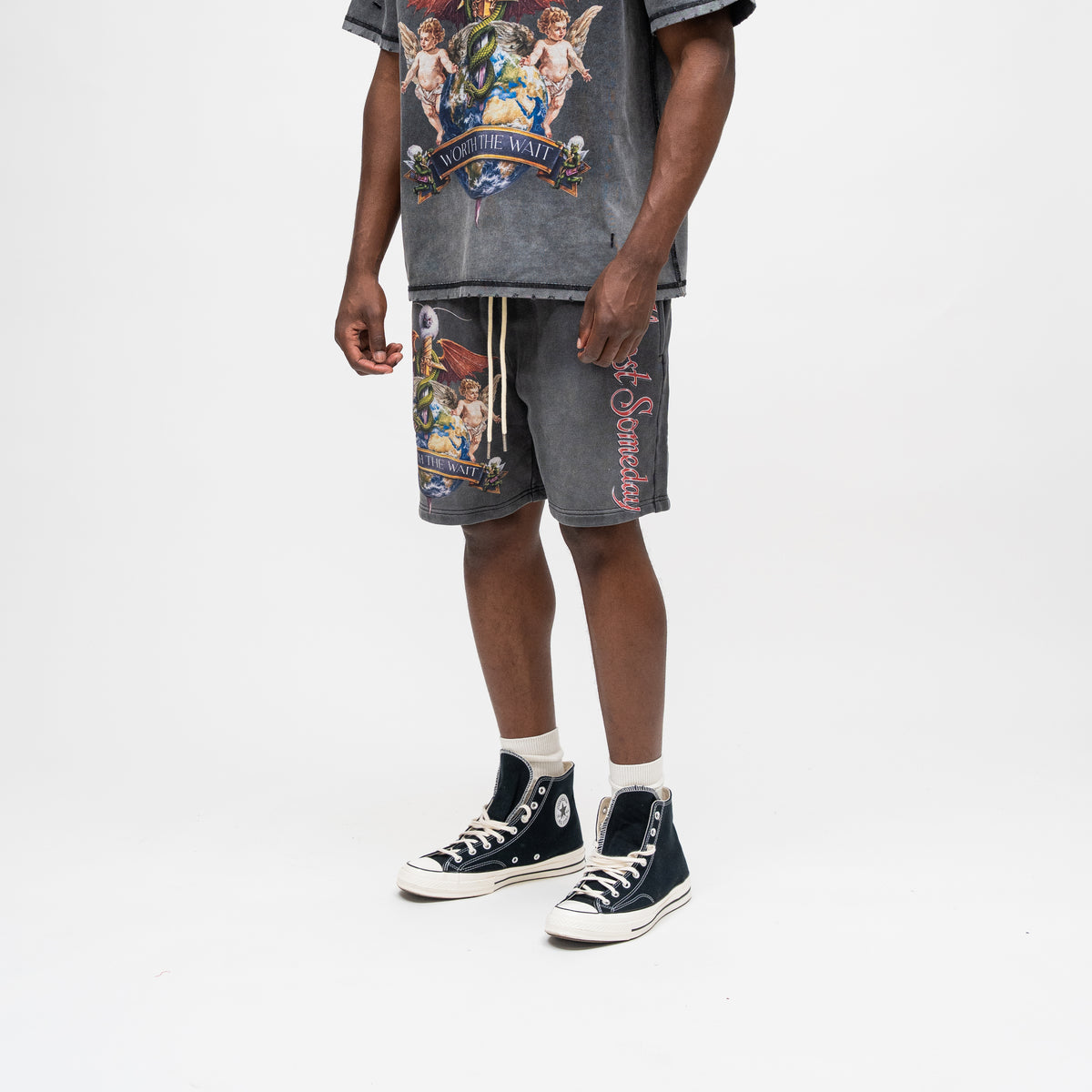 ALMOST SOMEDAY Motley Terry Shorts in Black, detail view