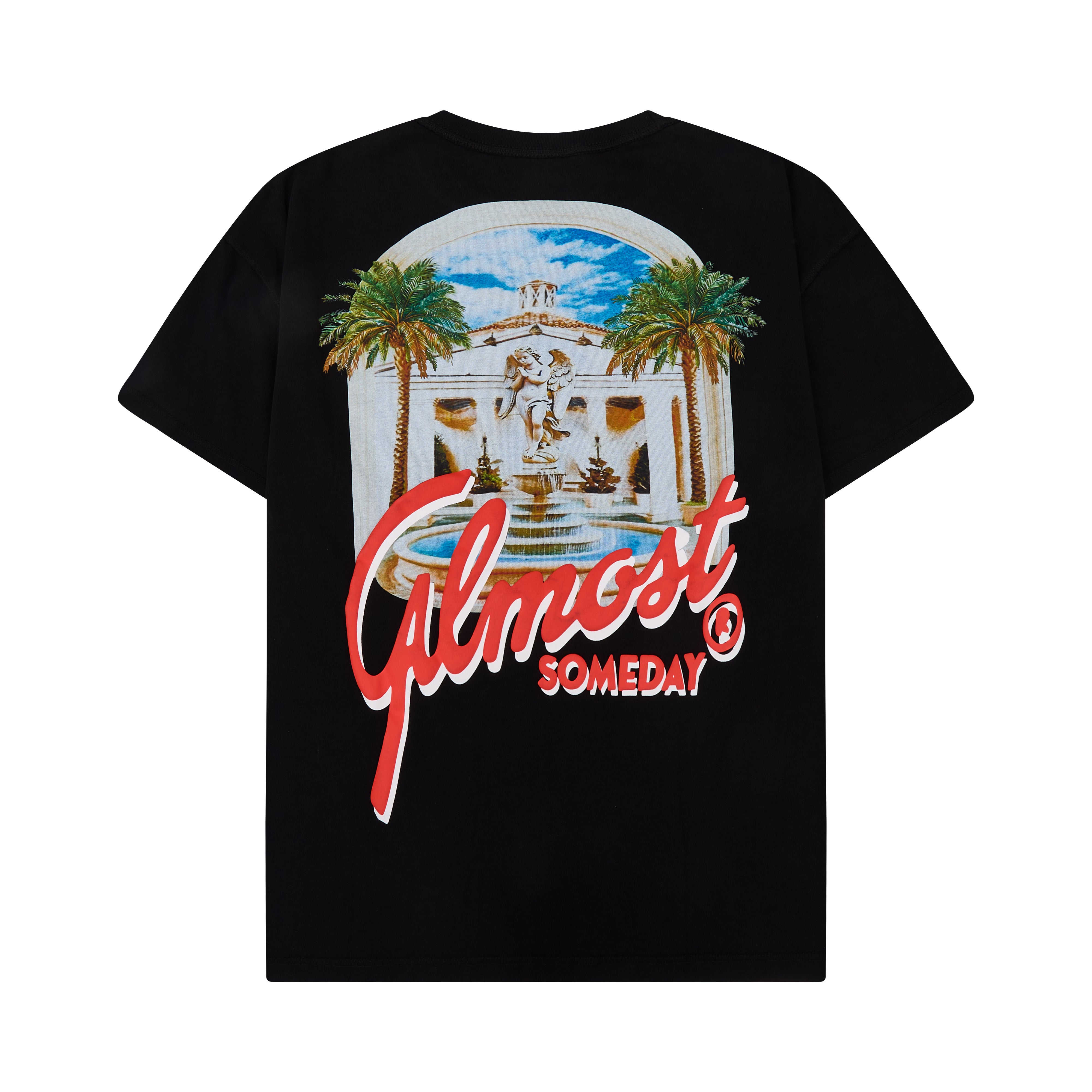 Black t-shirt with 'Almost Someday' graphic design on a white background
