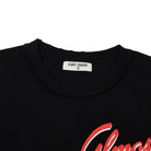 Black t-shirt with red text and 'Almost Someday' label on a white background