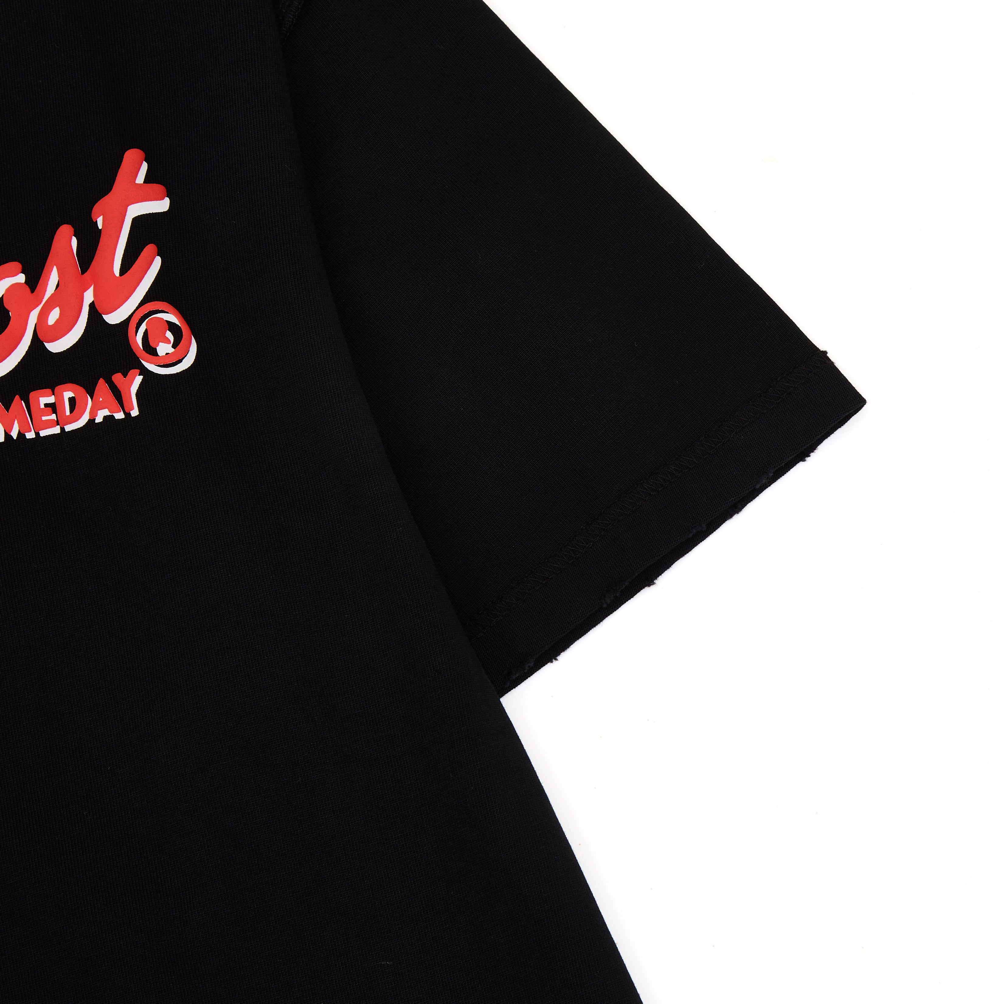 Black t-shirt with red and white logo on a white background