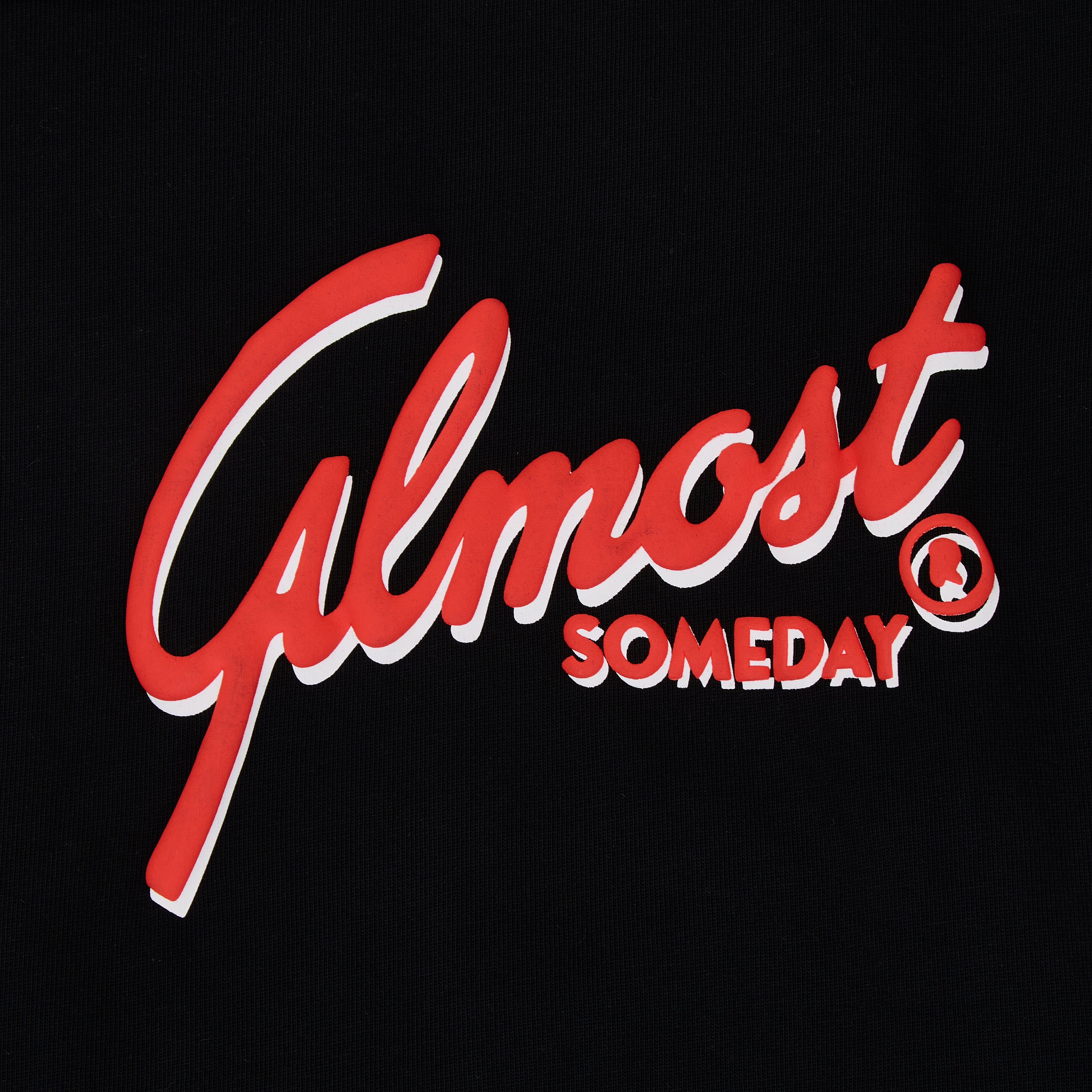 Red and white 'Almost Someday' logo on a black background