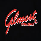 Red and white 'Almost Someday' logo on a black background