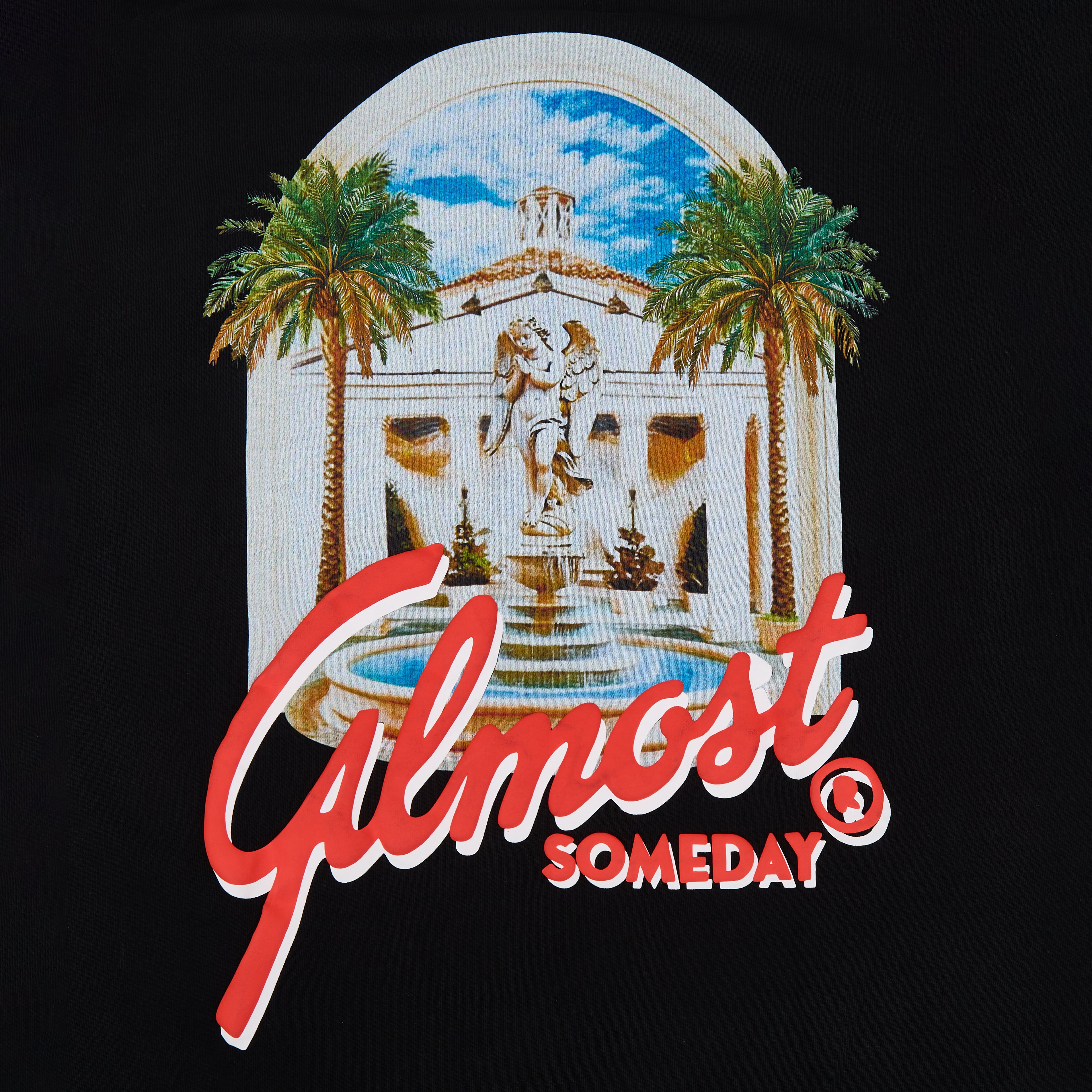 Logo with classical building, palm trees, and 'Almost Someday' text on a black background