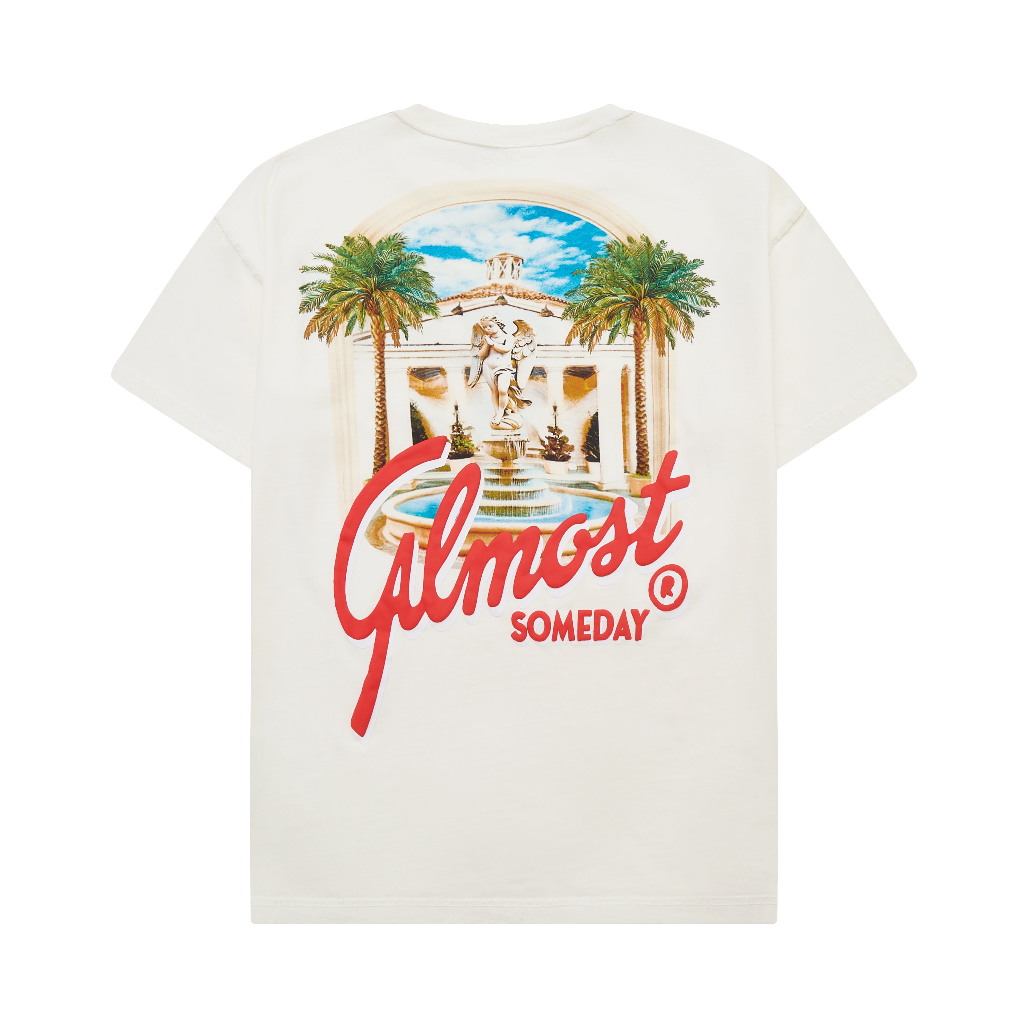 White t-shirt with a graphic design and 'Almost Someday' text on a white background