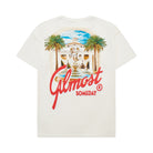 White t-shirt with a graphic design and 'Almost Someday' text on a white background