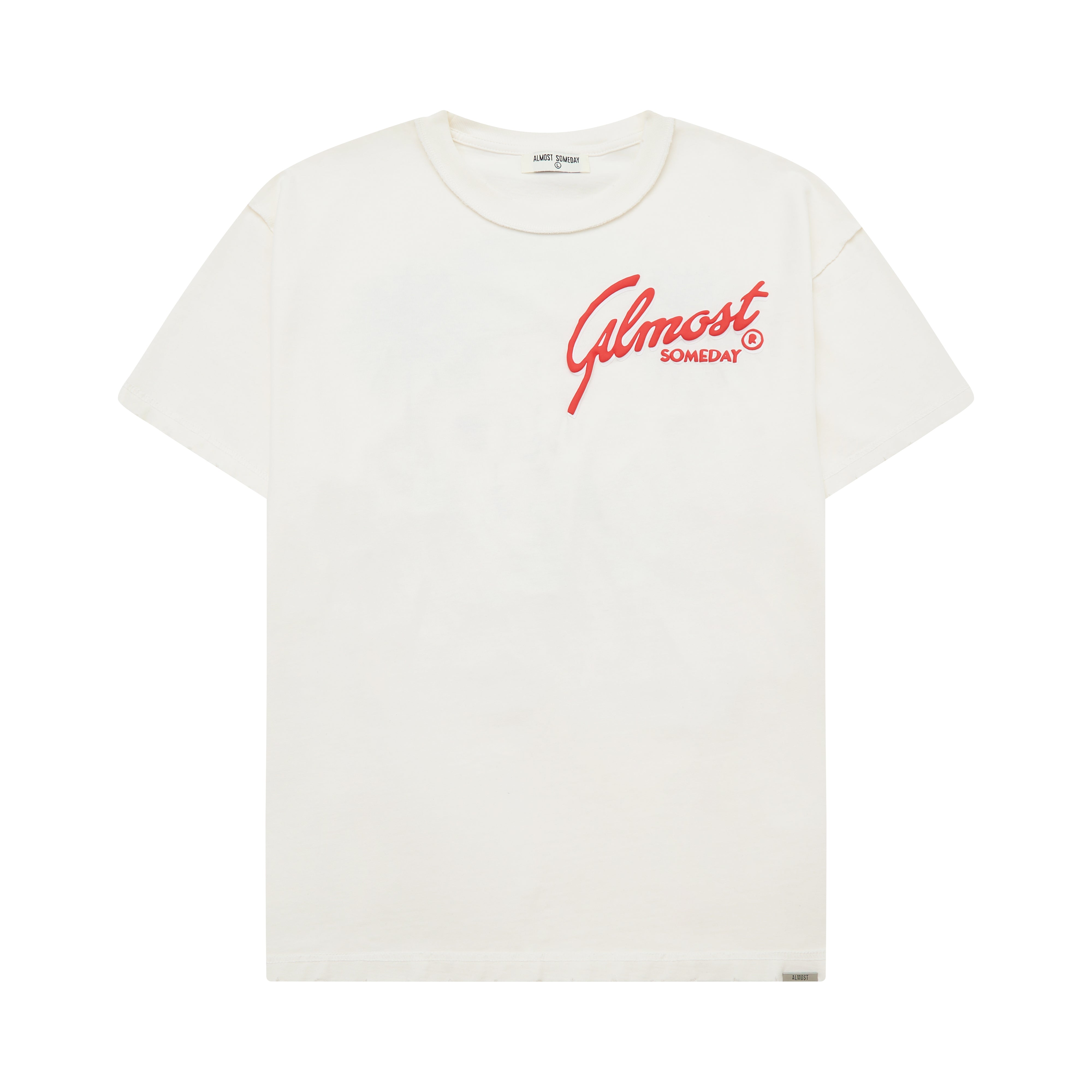 Cream t-shirt with red text on a white background