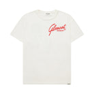 Cream t-shirt with red text on a white background