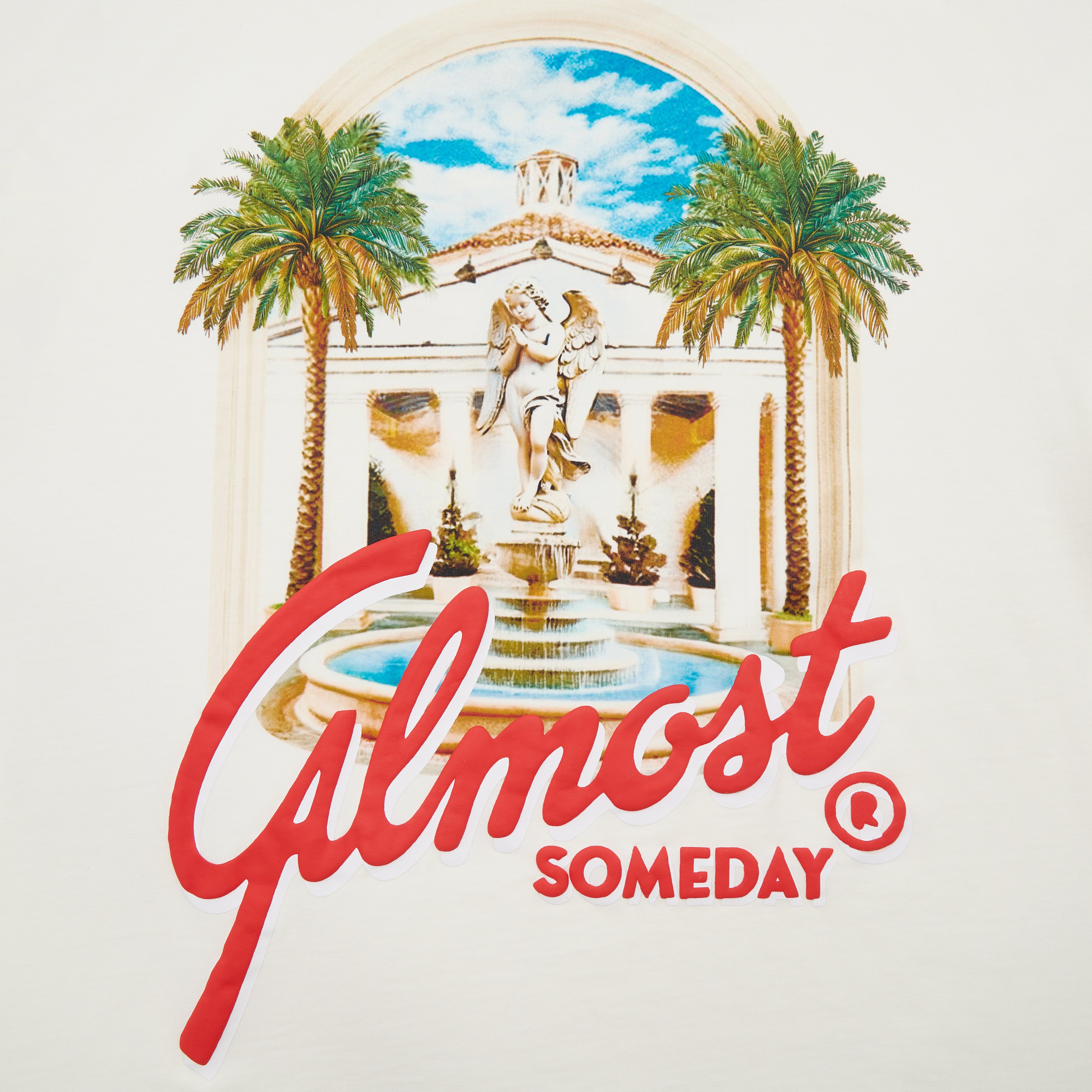 Decorative tshirt design with palm trees, statue, and 'Almost Someday' text on a white background