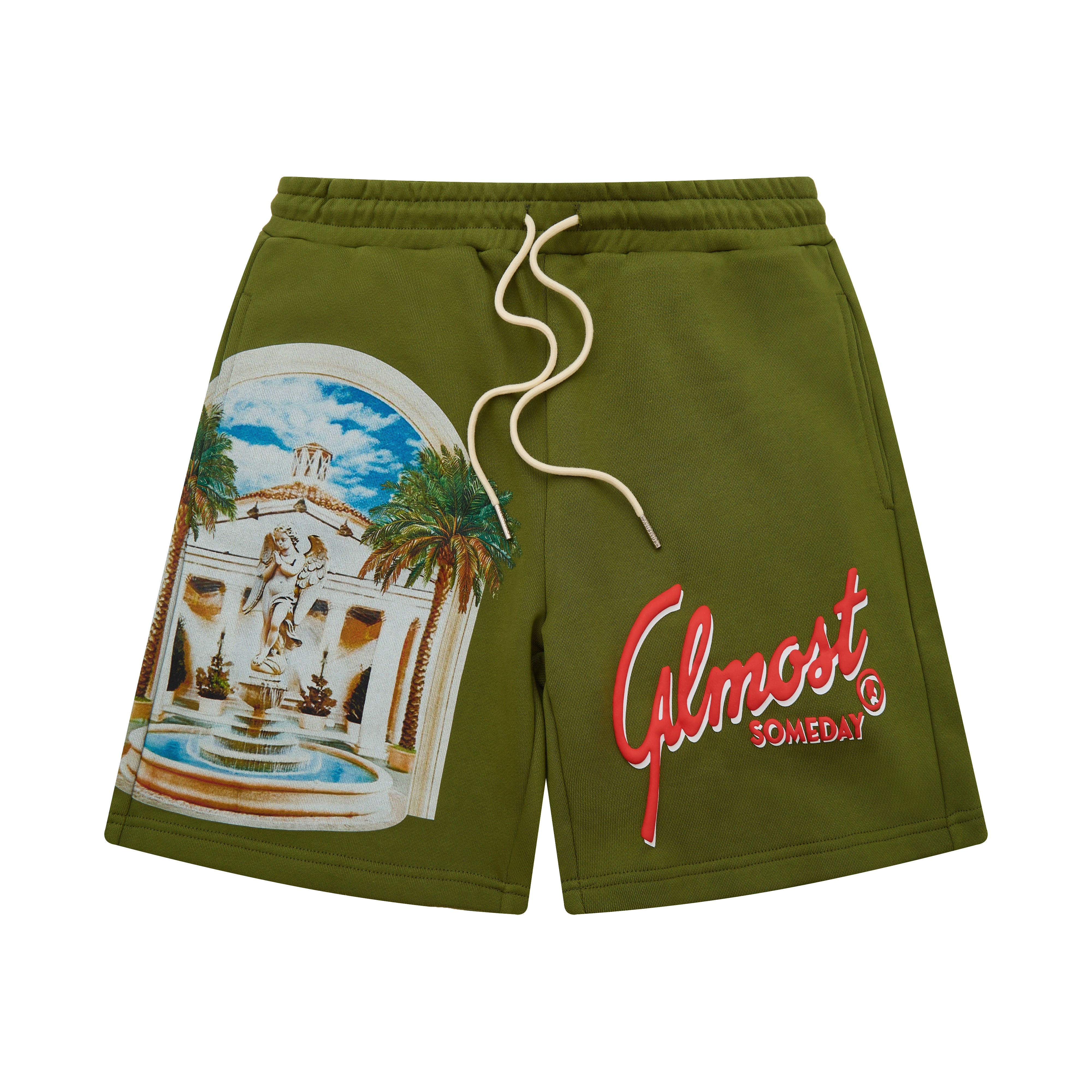Olive green shorts with a scenic print and 'Almost Someday' text on a white background