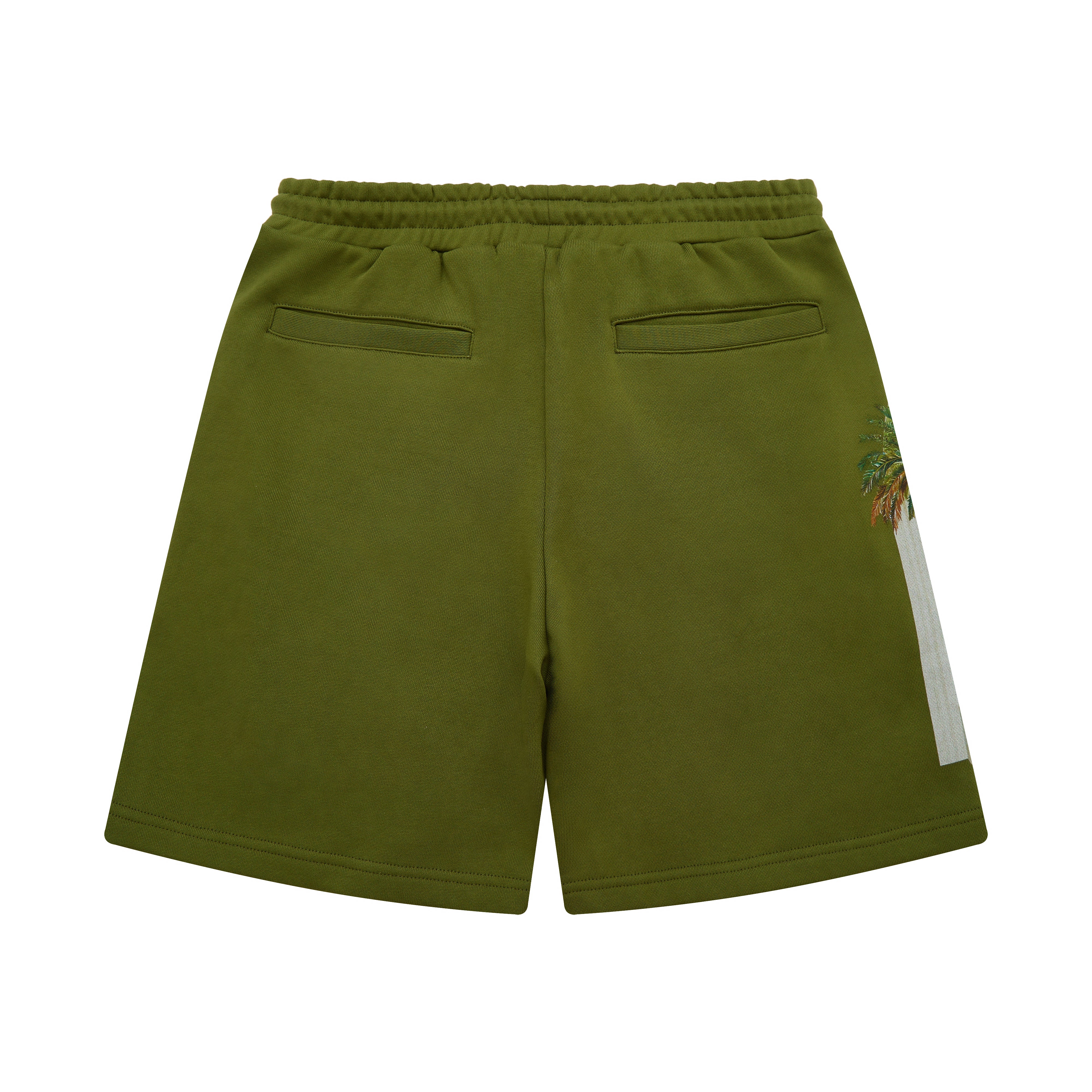 Olive green shorts with a small design on a white background