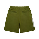 Olive green shorts with a small design on a white background