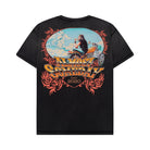 Black t-shirt with a colorful graphic and text on a white background
