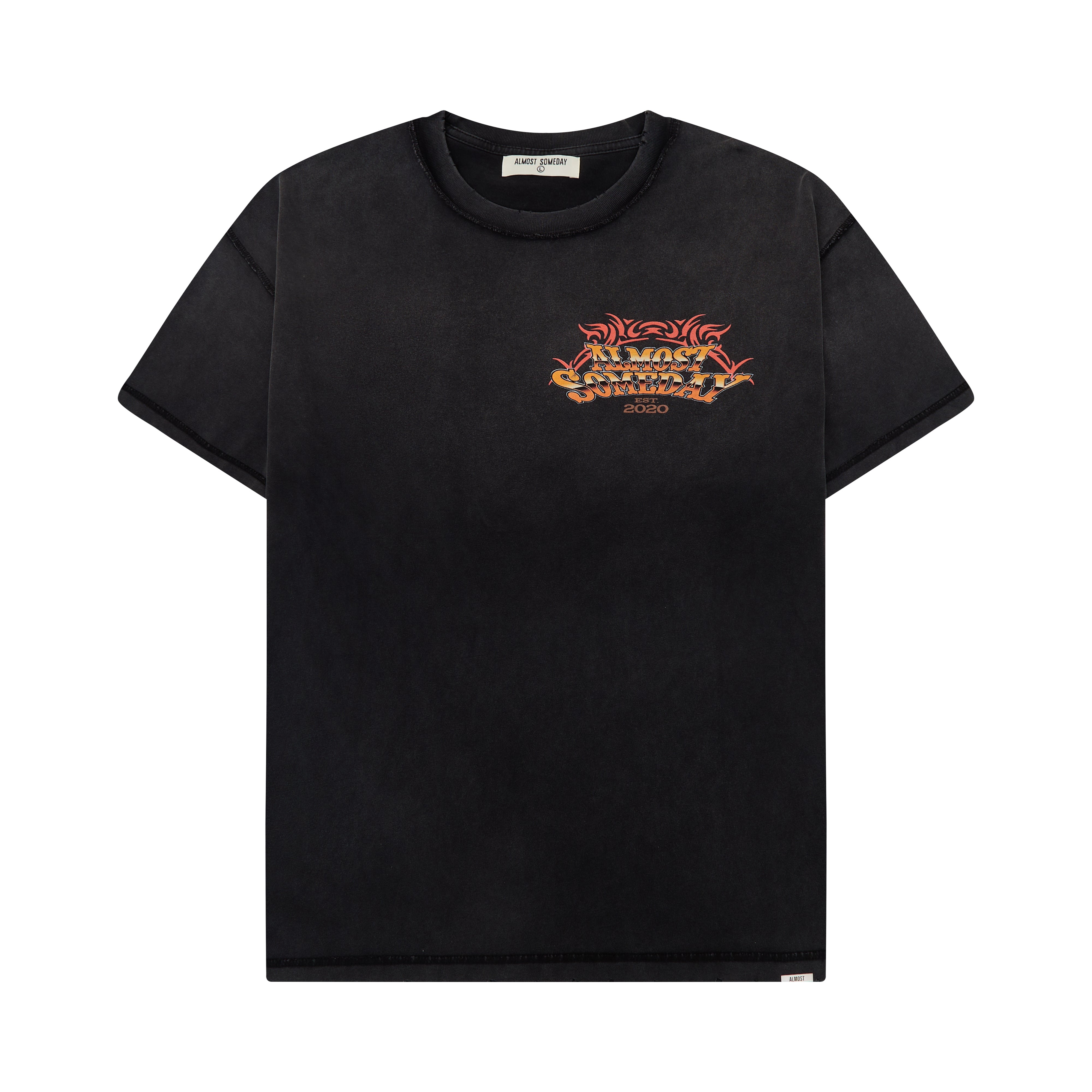 Black t-shirt with colorful graphic design on a white background