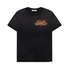 Black t-shirt with colorful graphic design on a white background