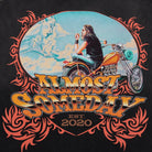 T-shirt design with a biker on a motorcycle and text 'Almost Someday Est. 2020' on a black background.