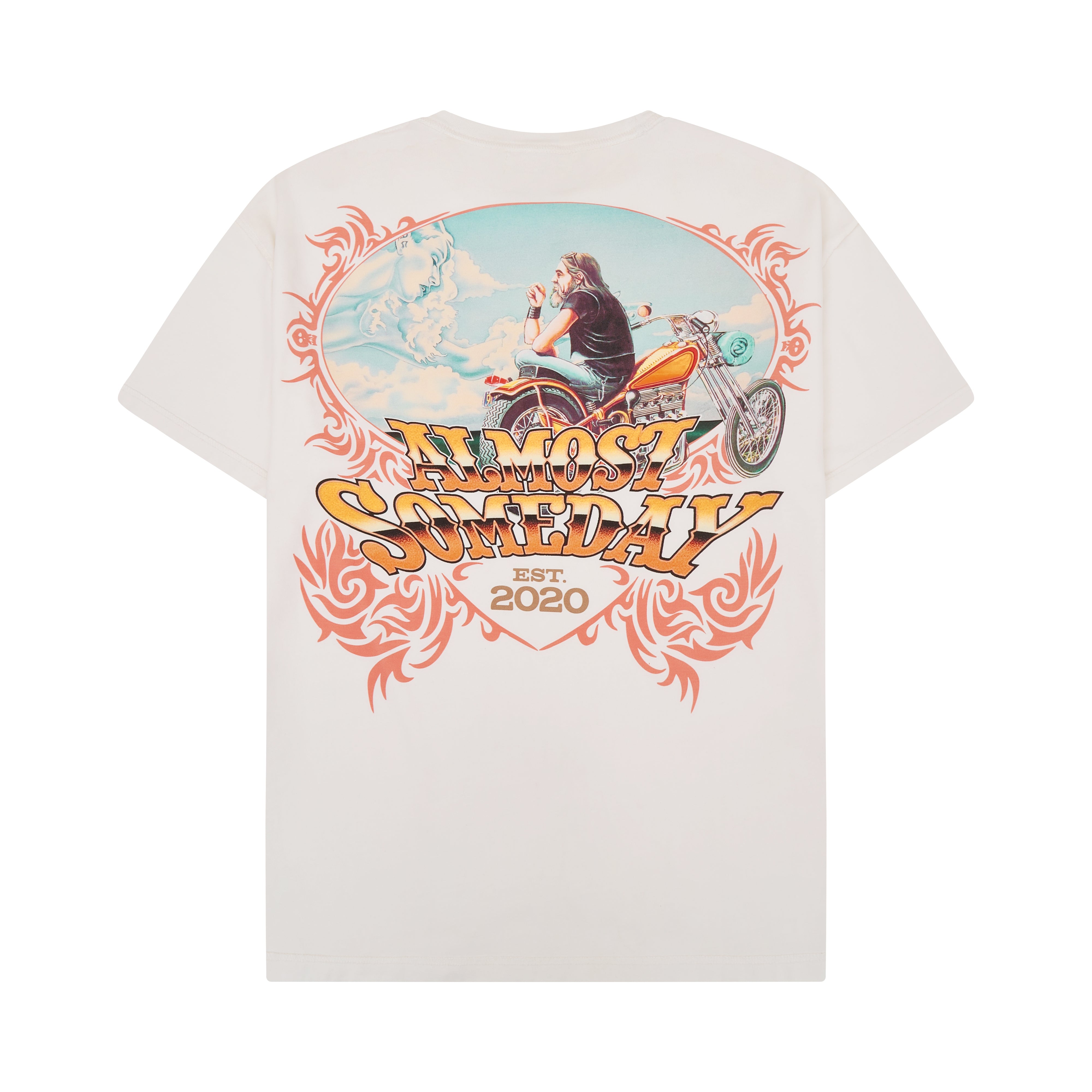 White t-shirt with a graphic design of a person on a motorcycle and text 'Almost Someday Est. 2020' on a white background.