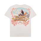 White t-shirt with a graphic design of a person on a motorcycle and text 'Almost Someday Est. 2020' on a white background.