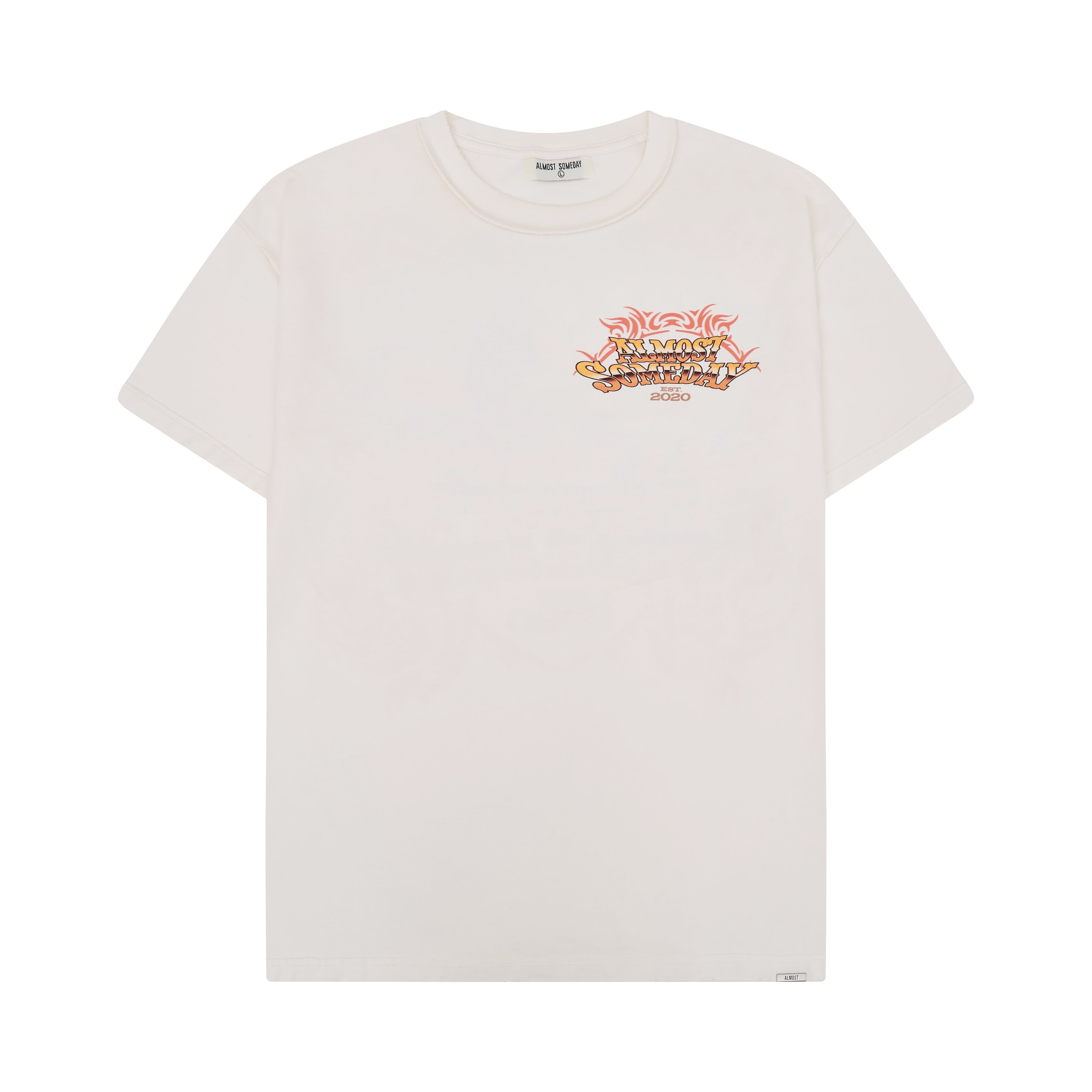 cream t-shirt with a colorful graphic design on a white background