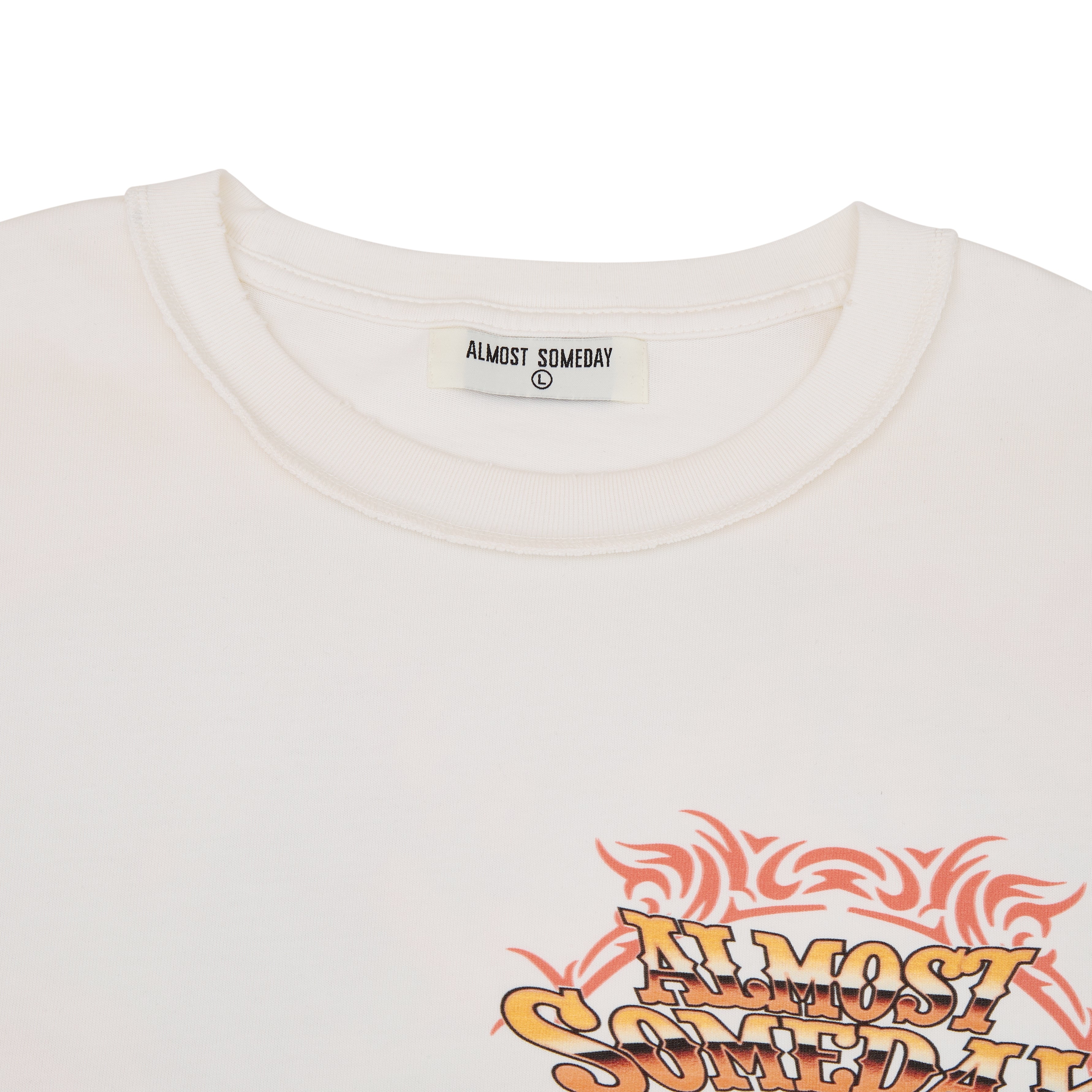 cream t-shirt with 'Almost Someday' graphic design on a white background