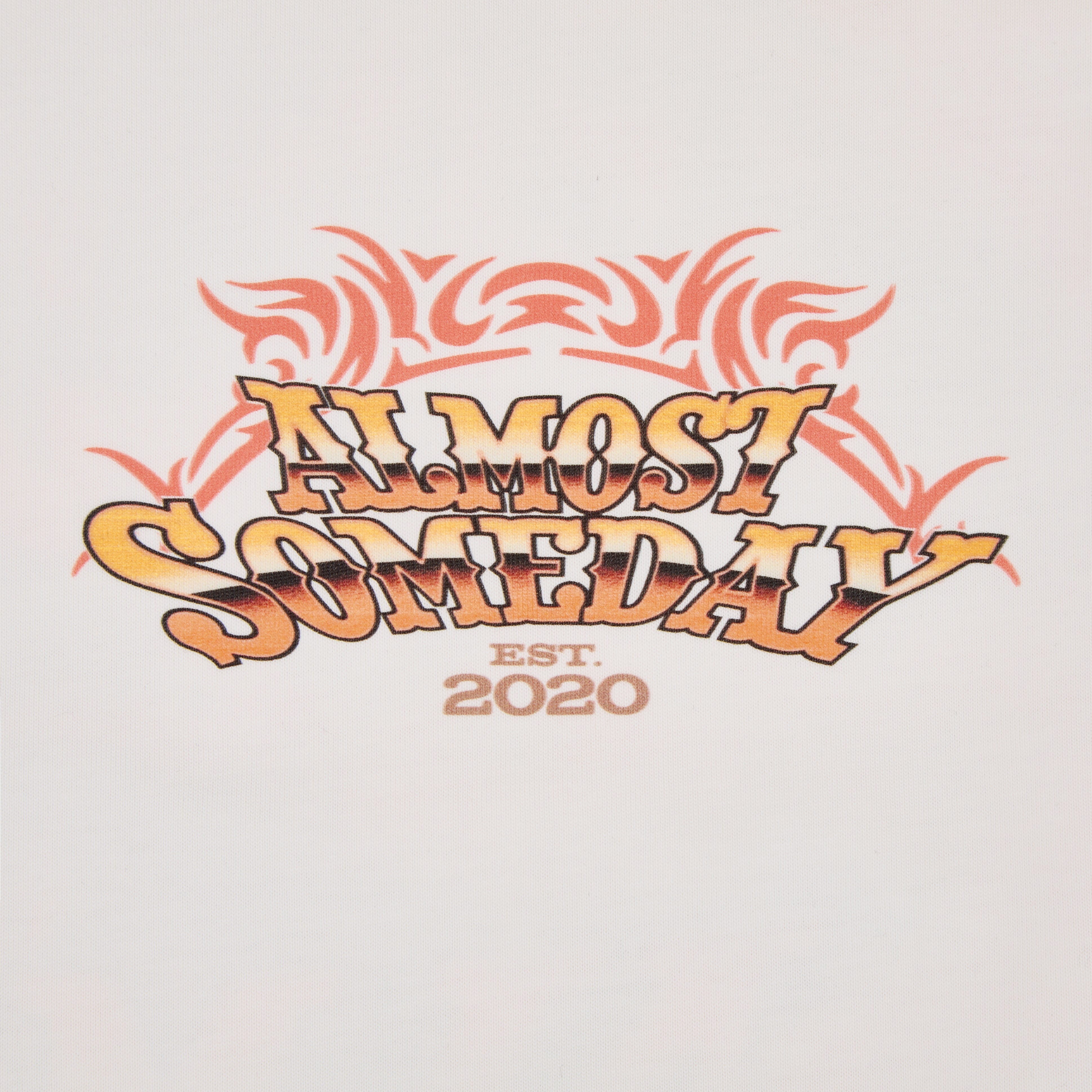 Decorative text 'Almost Someday Est. 2020' with tribal designs on a light background