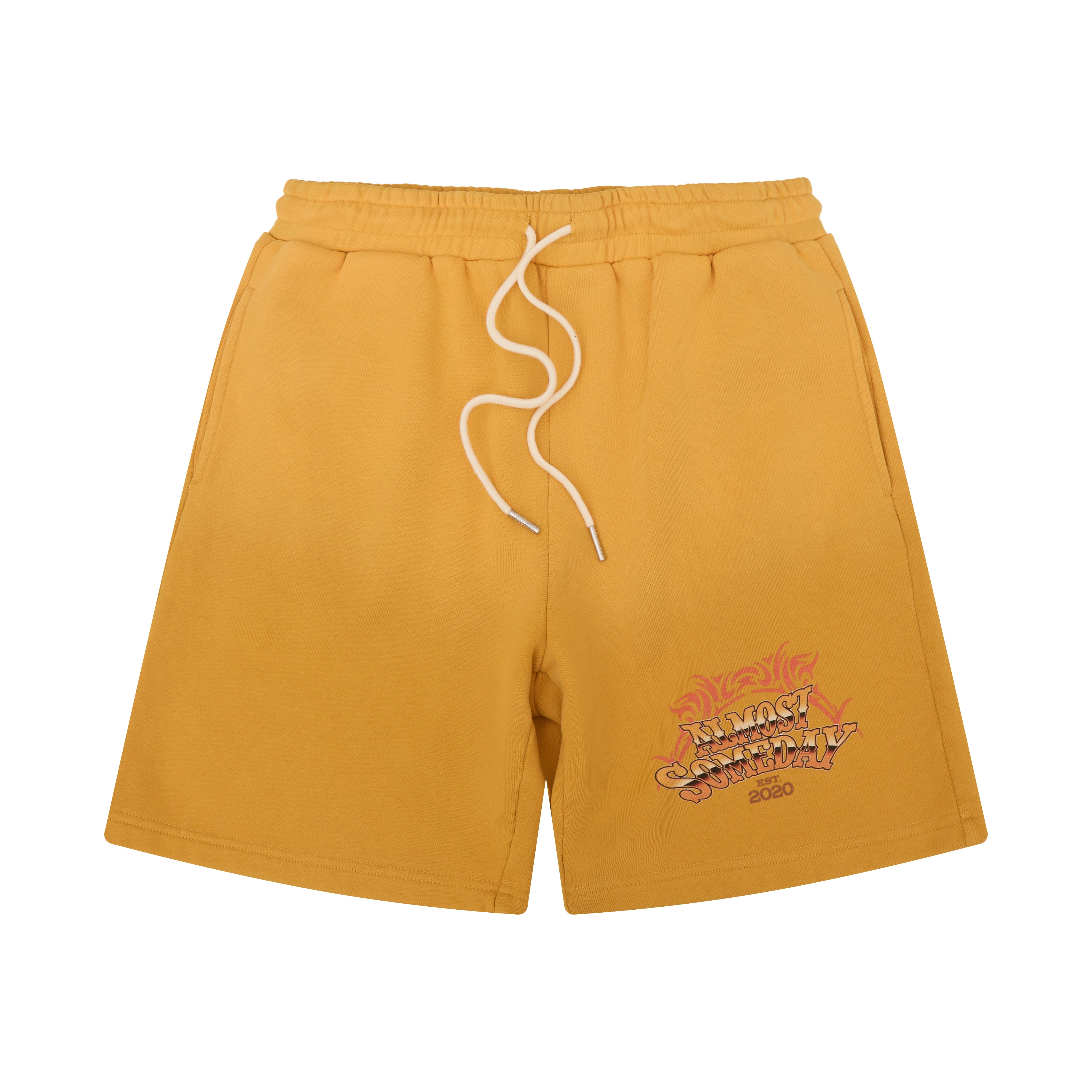 Yellow shorts with an ALMOST SOMEDAY graphic on a white background