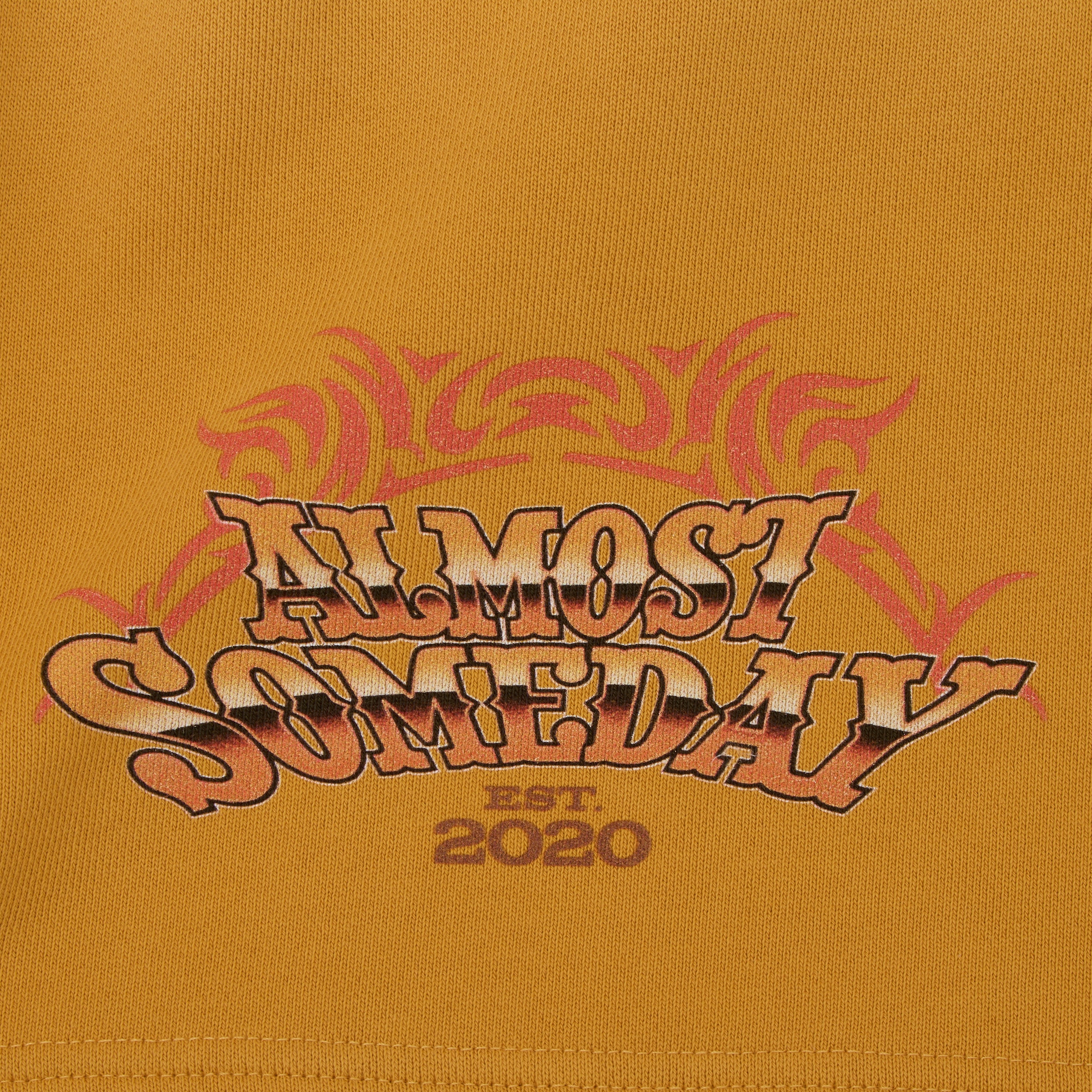 Text 'ALMOST SOMEDAY EST. 2020' on a mustard yellow background