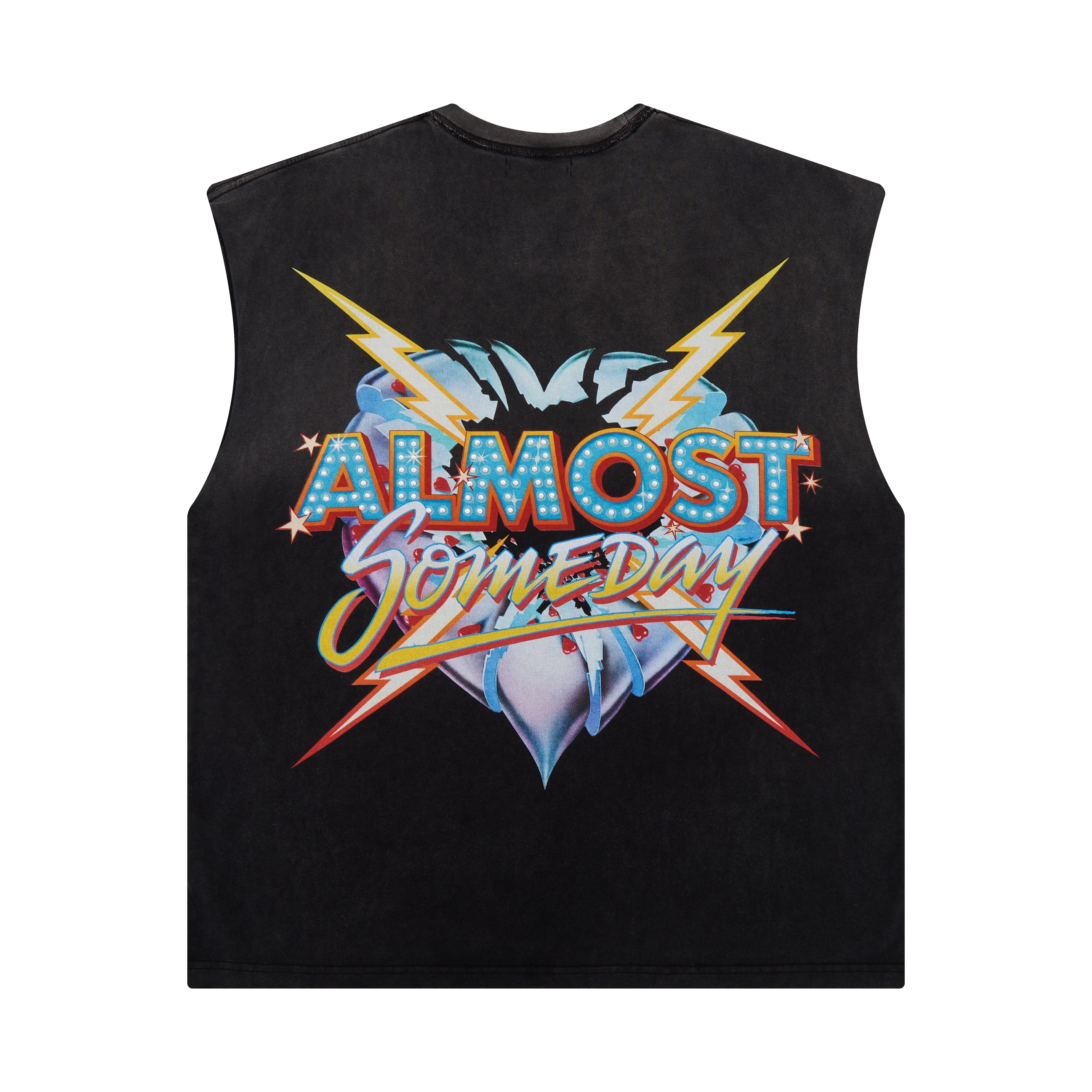 Black sleeveless shirt with 'Almost Someday' graphic design on a white background