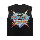 Black sleeveless shirt with 'Almost Someday' graphic design on a white background