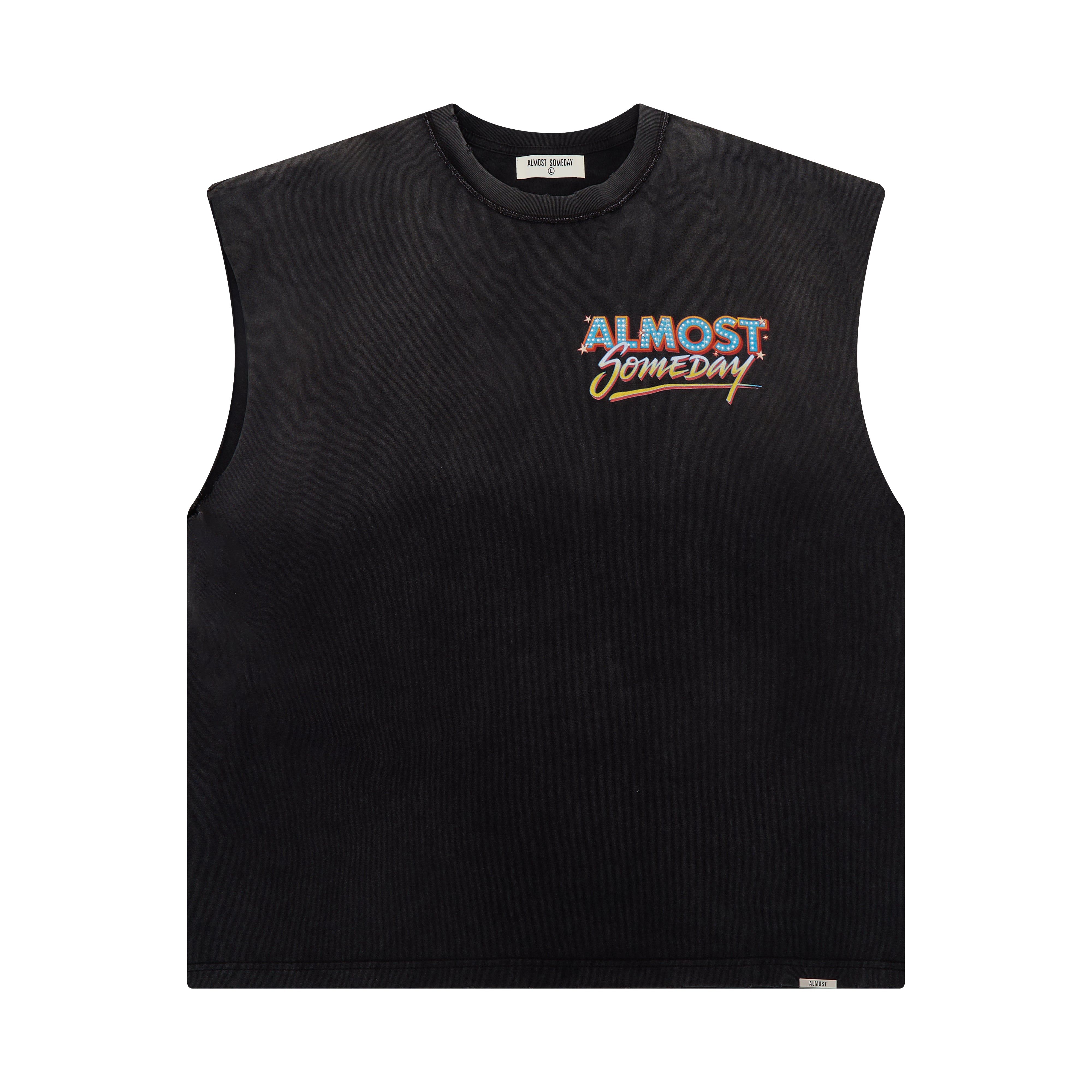 Black sleeveless shirt with colorful text on a white background