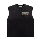 Black sleeveless shirt with colorful text on a white background