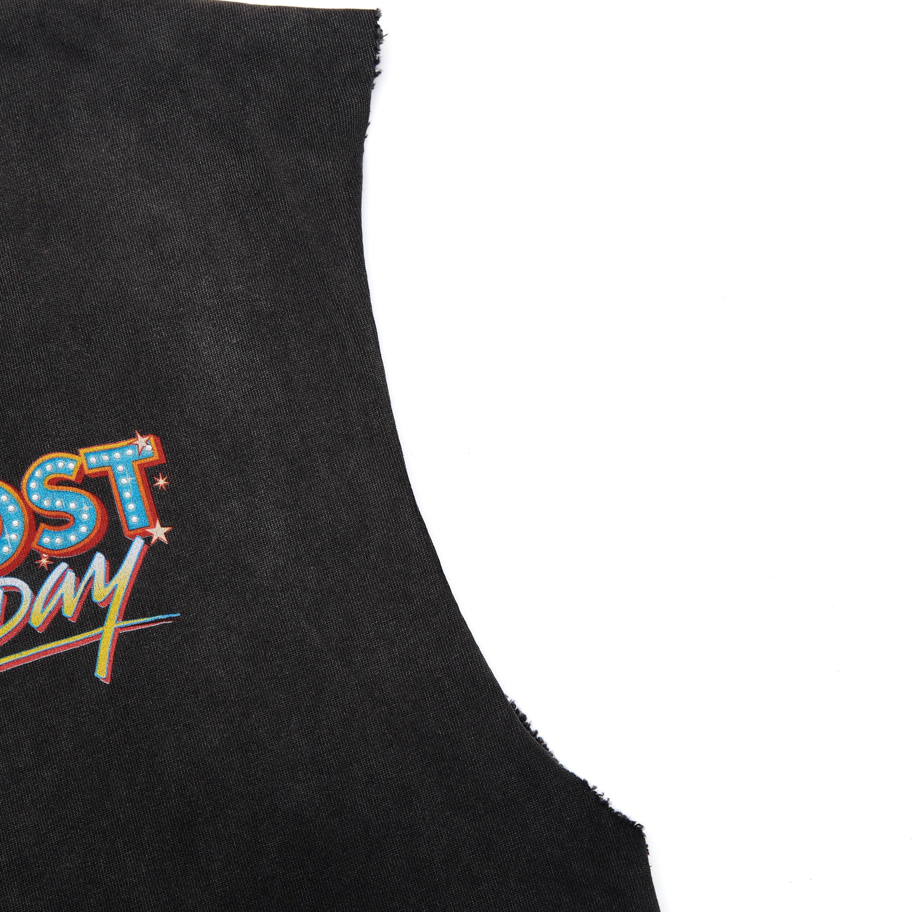 Black sleeve with colorful text design on a white background