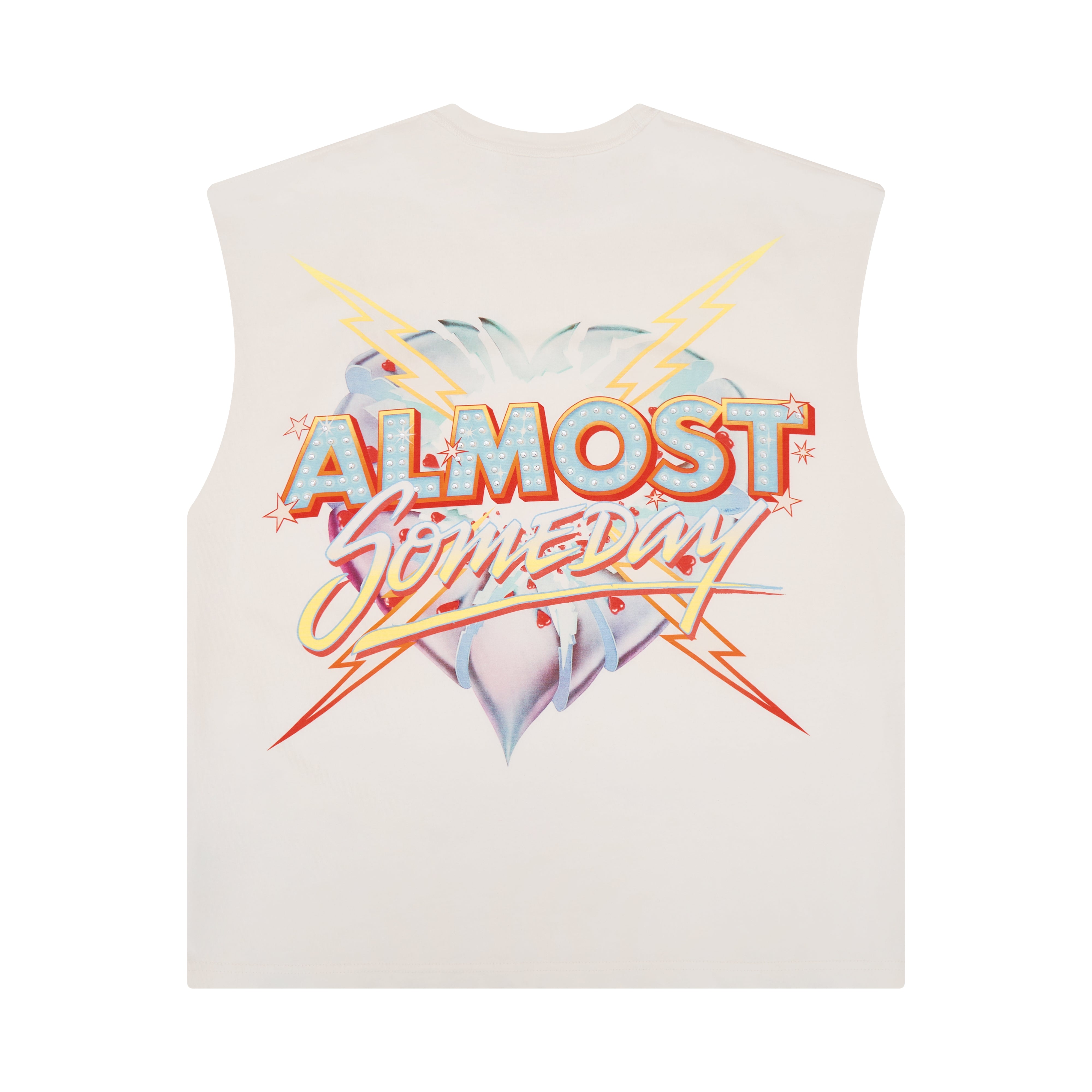 White sleeveless shirt with 'ALMOST SOMEDAY' graphic design on a white background