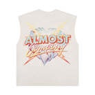 White sleeveless shirt with 'ALMOST SOMEDAY' graphic design on a white background