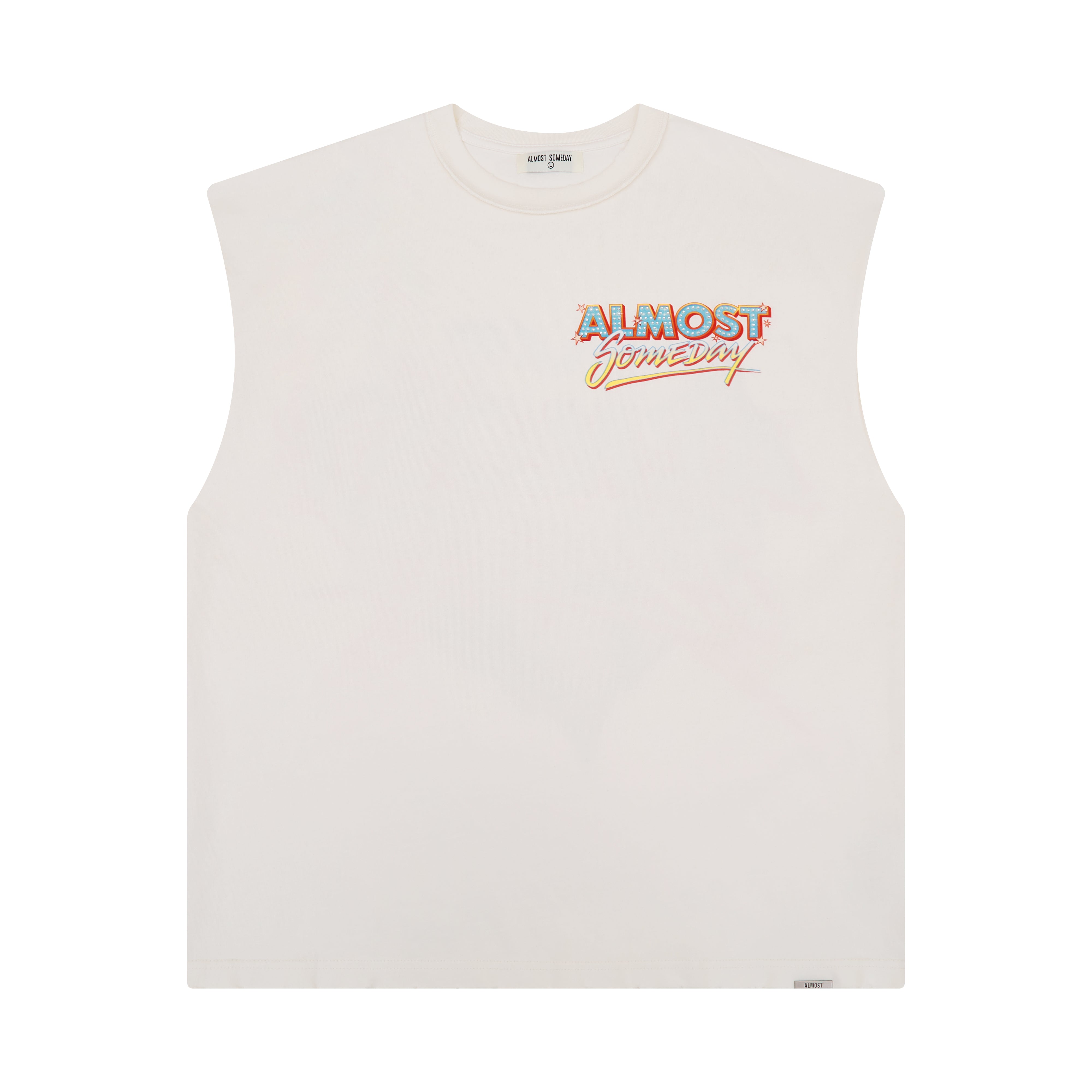 White sleeveless shirt with colorful text design on a white background
