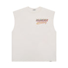 White sleeveless shirt with colorful text design on a white background