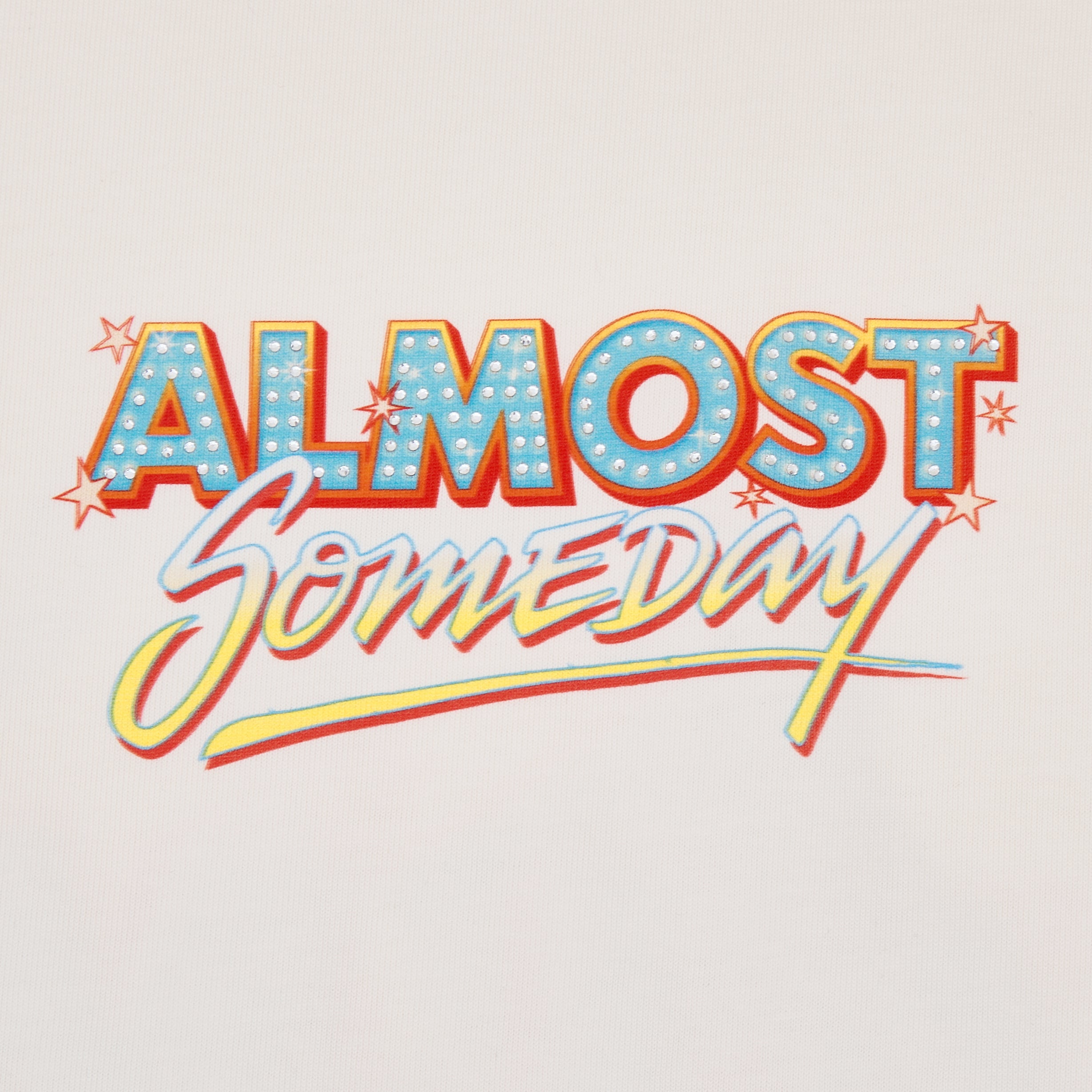 Colorful text 'ALMOST Someday' on a light background