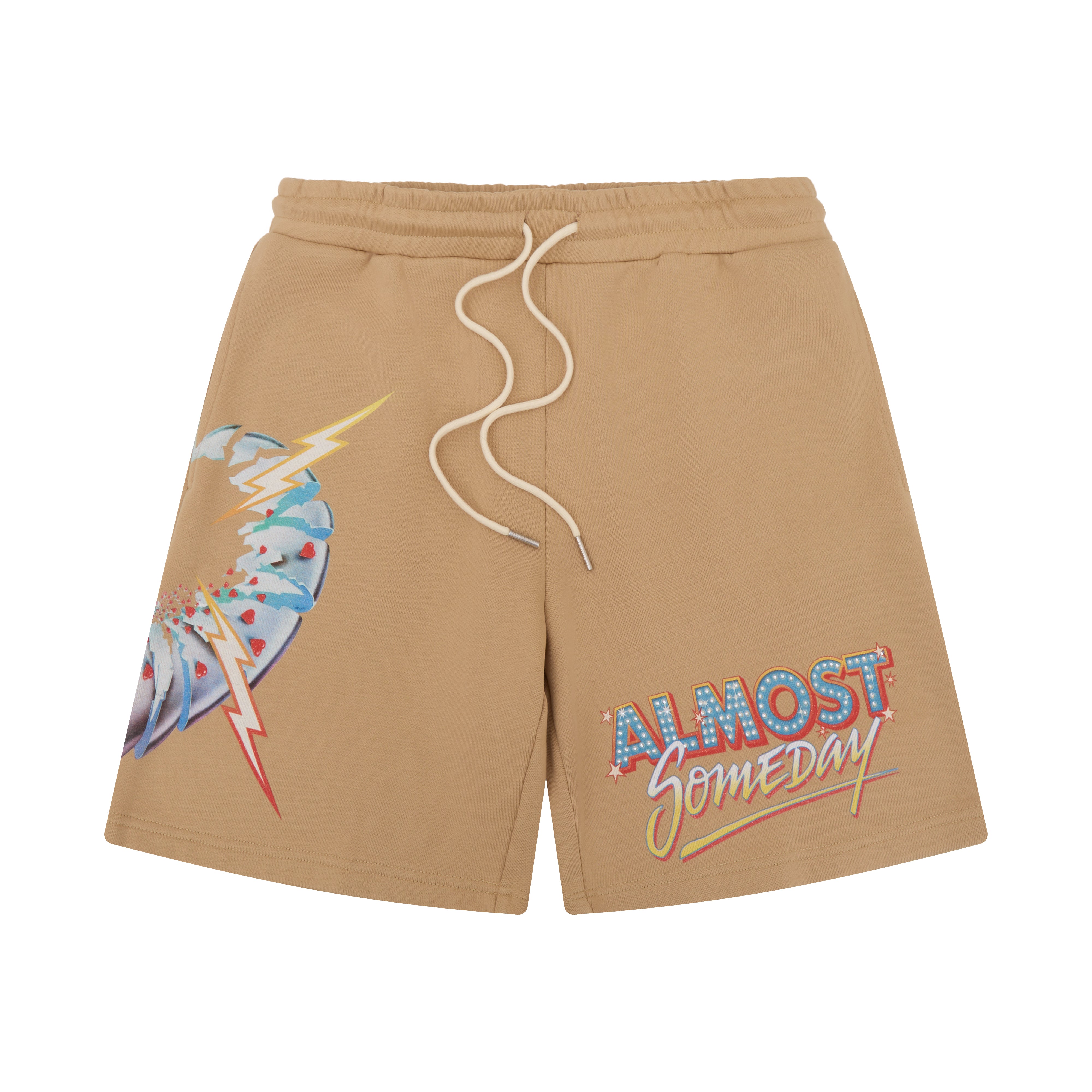 Beige shorts with a graphic design and text on a white background