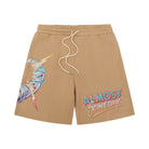 Beige shorts with a graphic design and text on a white background