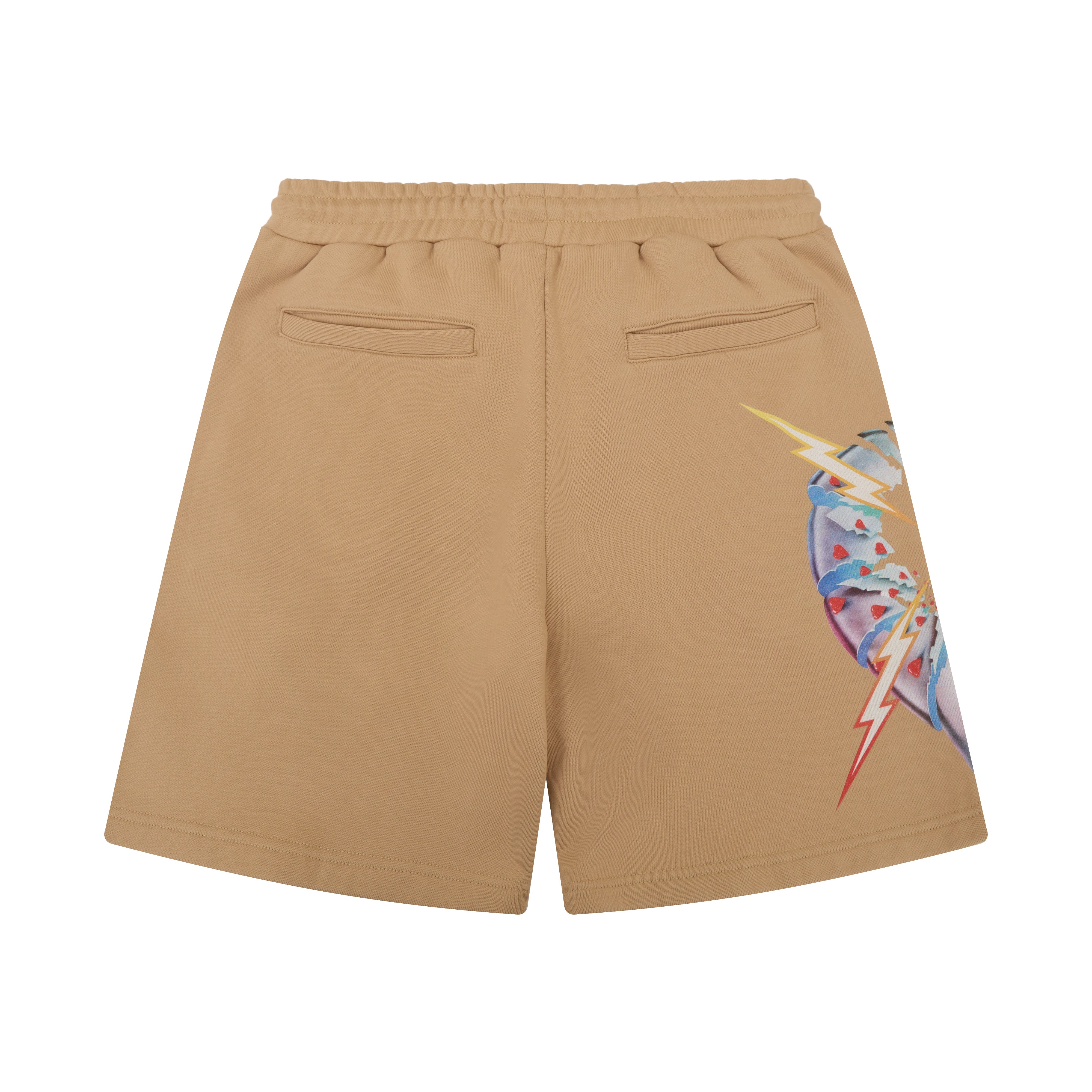 Beige shorts with a colorful graphic on a white background