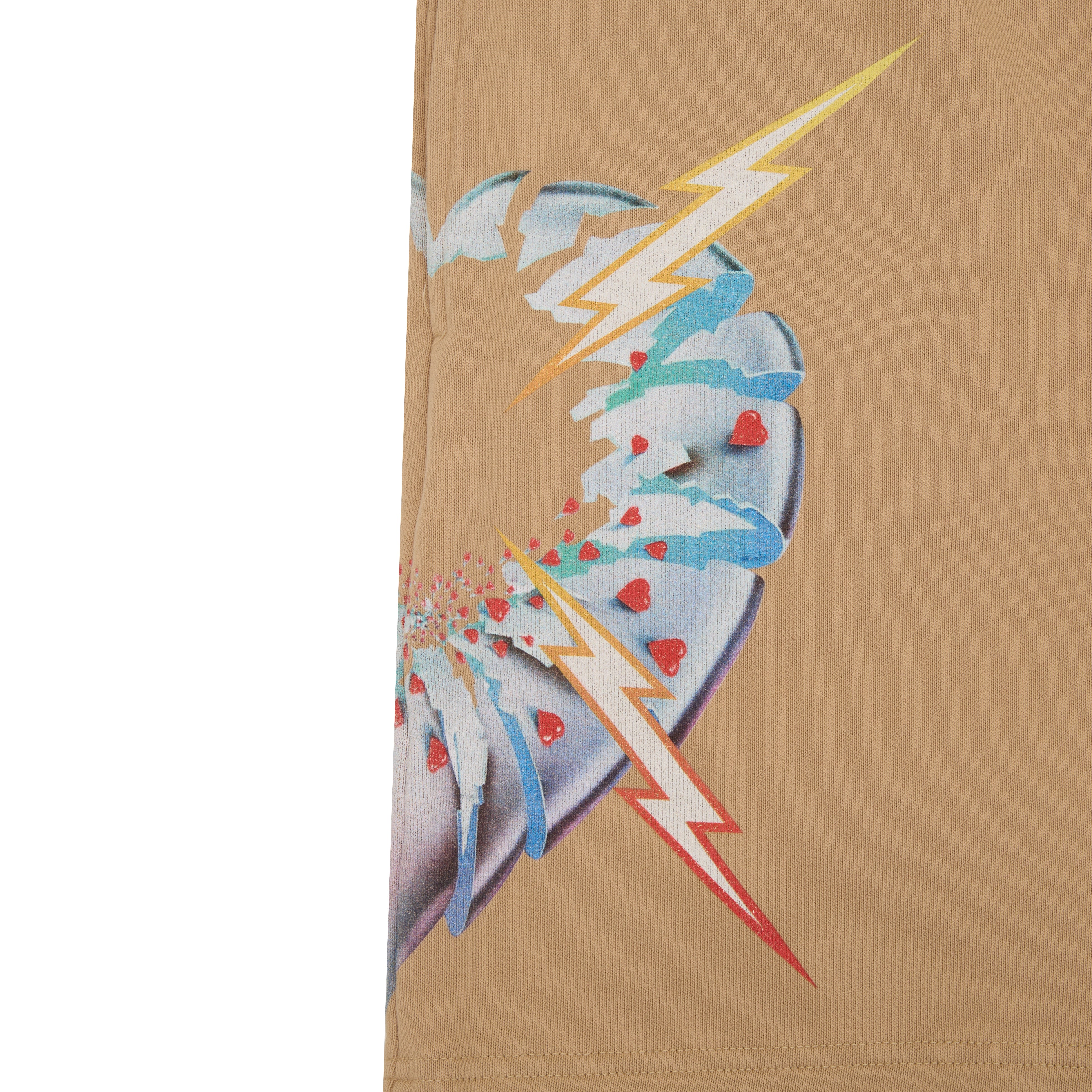 Shorts with a graphic of lightning bolts and hearts on a beige background